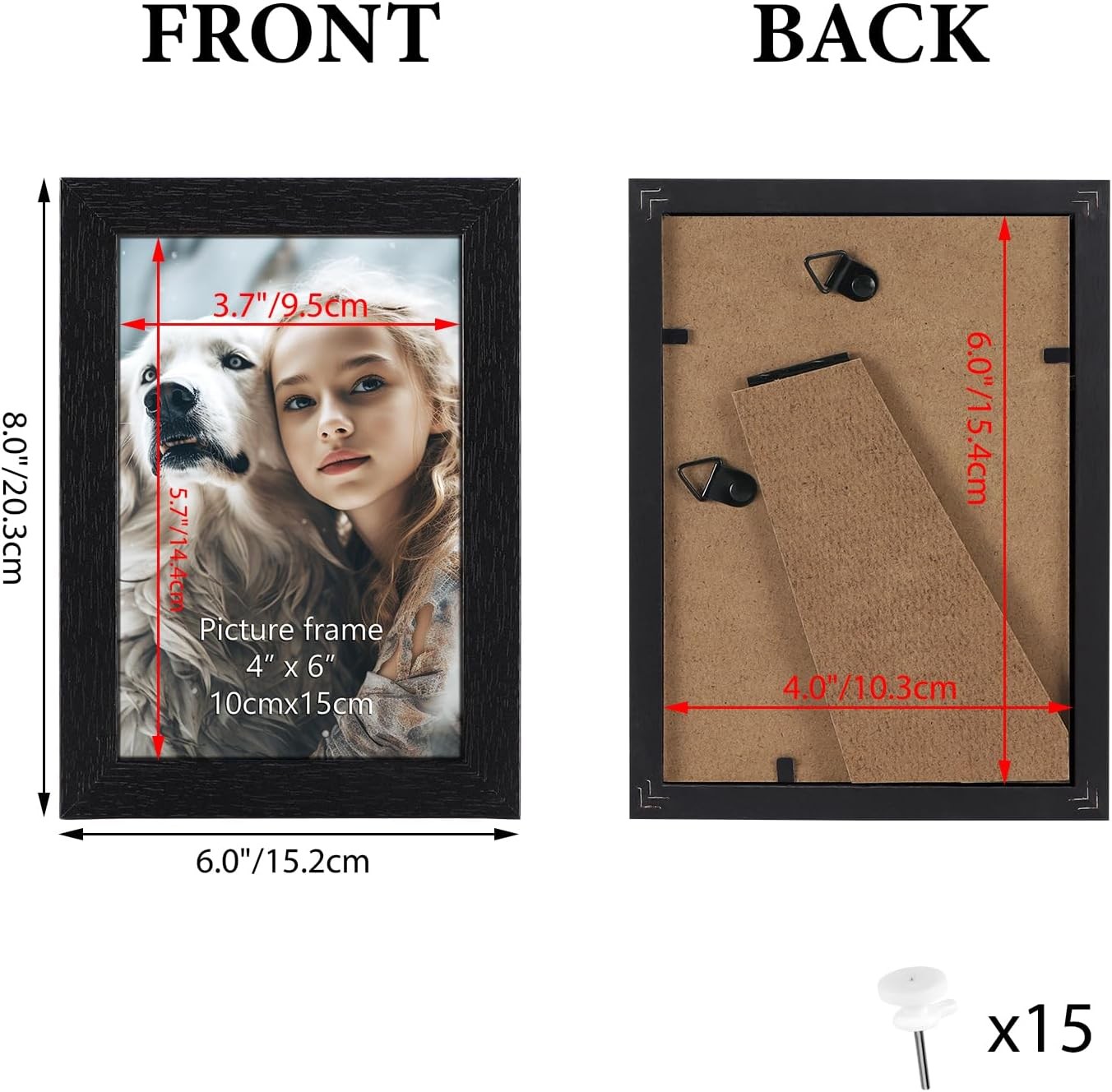 4×6 Picture Frame Set of 15, Black Picture Frames Display 4 by 6 Photo for Wall