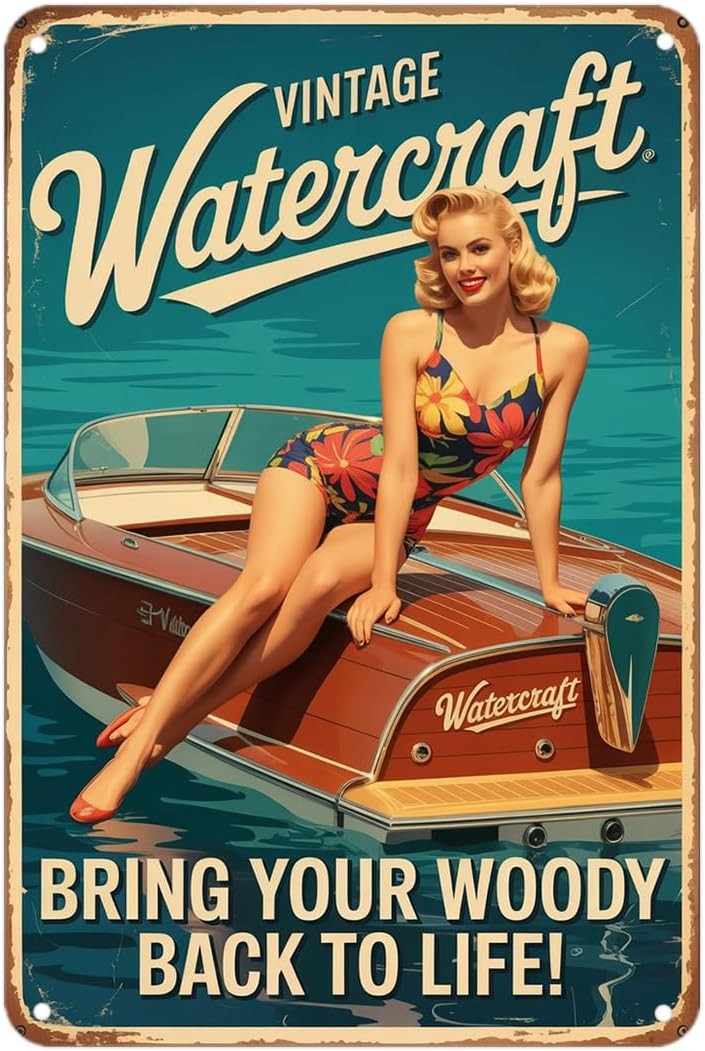 Vintage Tin Metal Sign Pinup Girl on Classic Boat Watercraft Retro 8×12