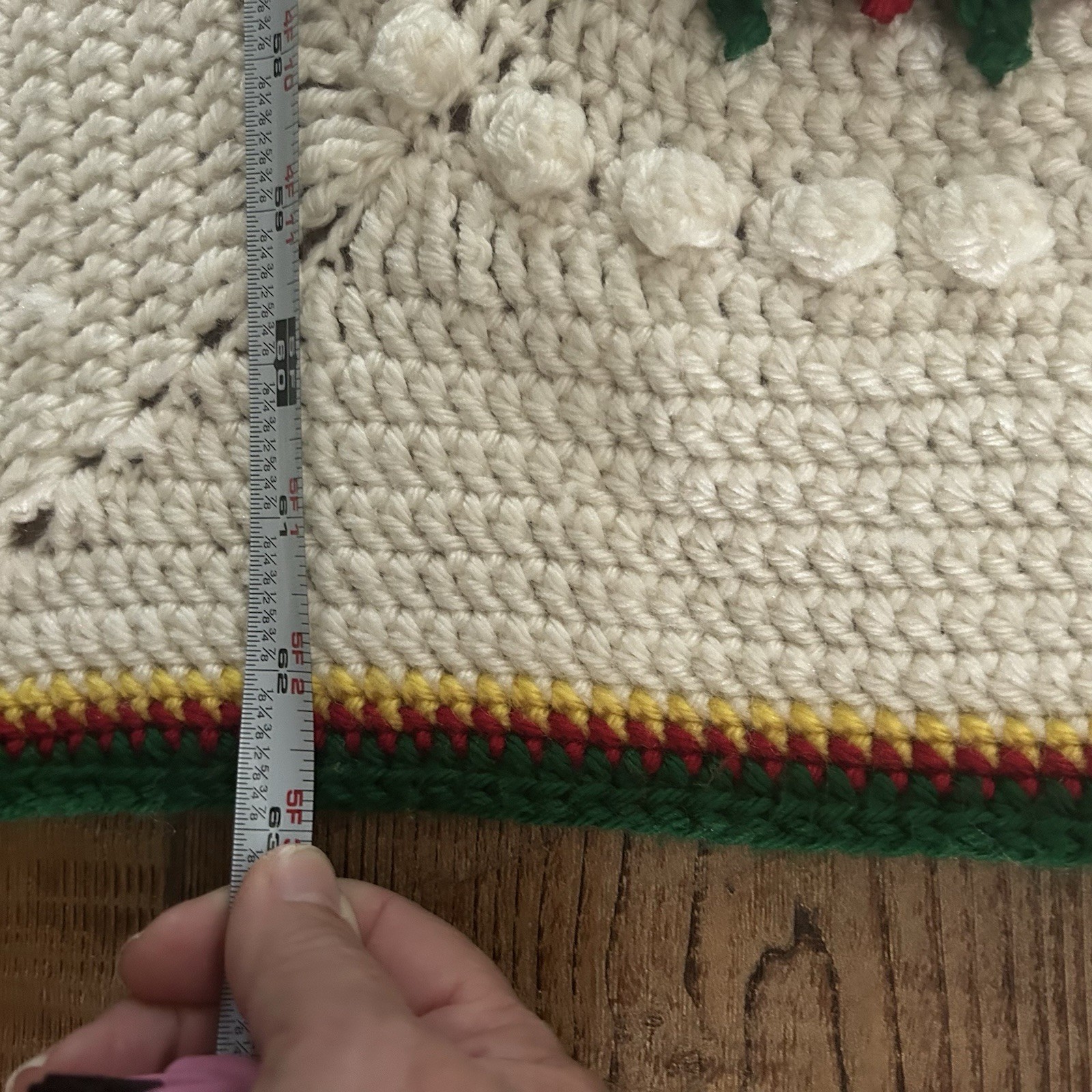 Vtg Christmas Crochet Afghan 3D Poinsettias White 38”x63” Red Green Bordered