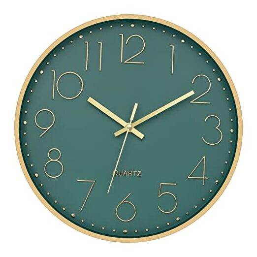 Modern Wall Clock 12 Inch Silent Non Ticking Battery Operated Round Green