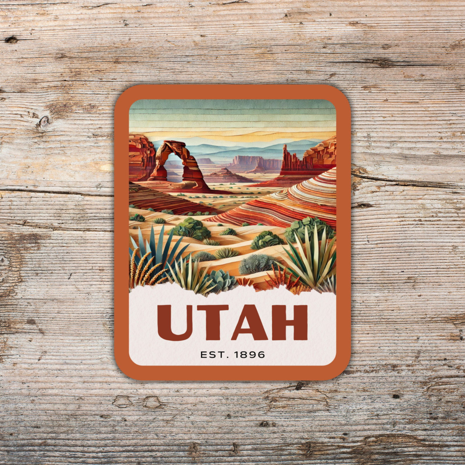 Utah State Sticker, Paper Collage Look, Arches National Park Vinyl Decal