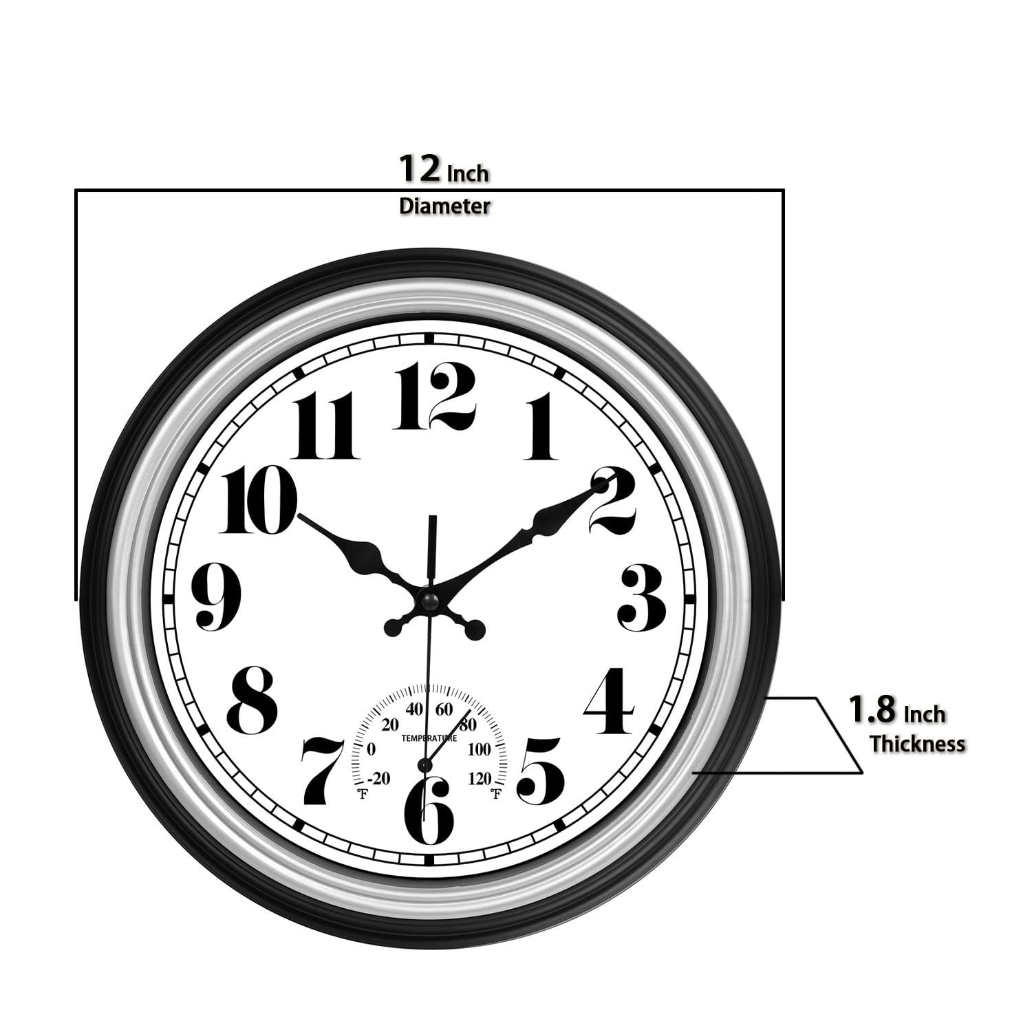 12 Inch Indoor/Outdoor Waterproof Wall Clock with Thermometer Silent Round Qu