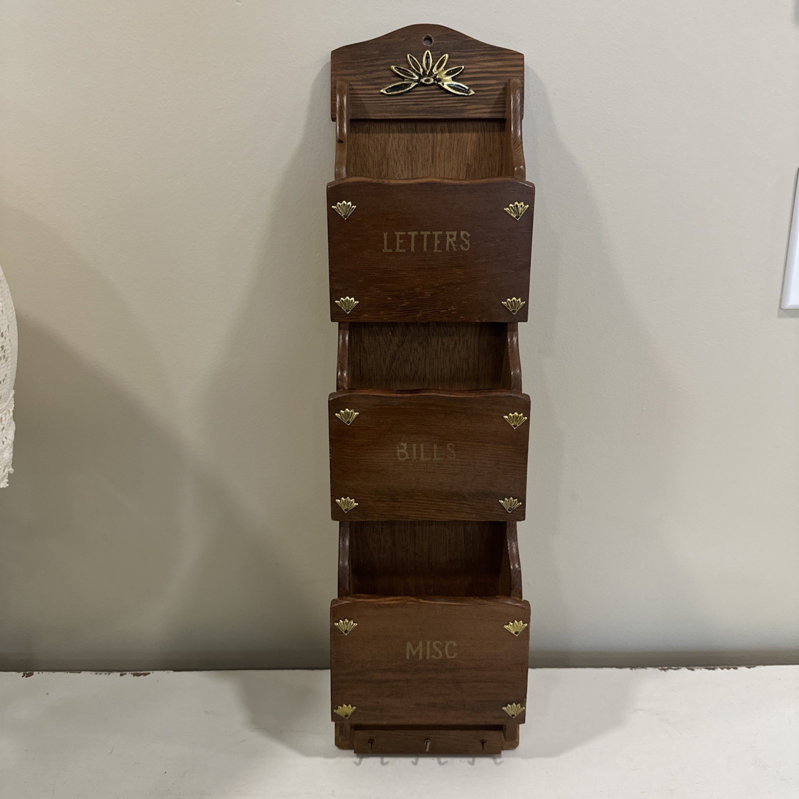 Vintage Wood 3 Tier Wall Mail Letter Organizer Wood Gold & Warm Tones