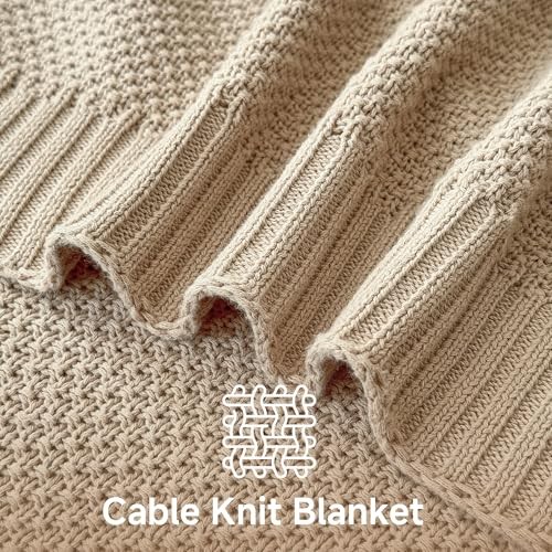 100% Cotton Throw Blanket, Solid Color Cable Knitted Throw 50×60″ Light Khaki