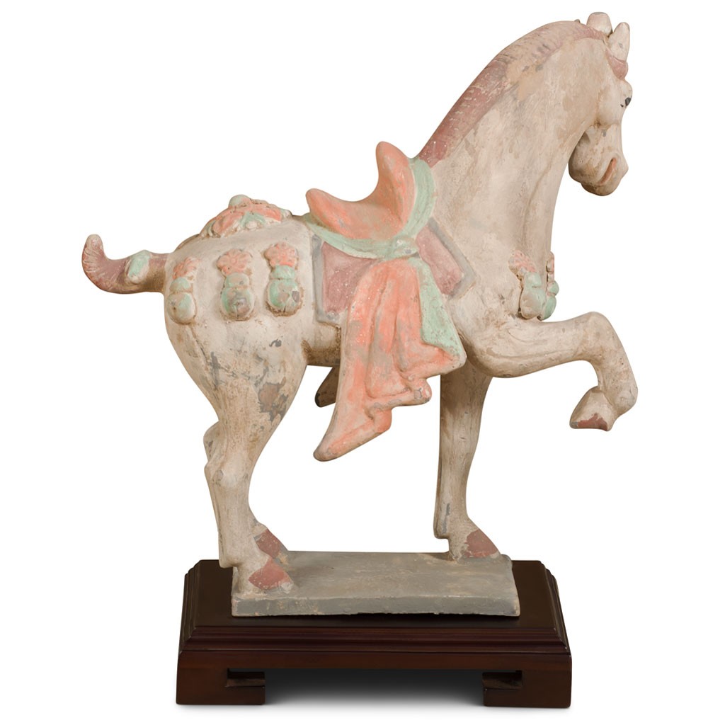 US SELLER – Tang Dynasty Ceramic Horse with Ornate Saddle Tomb Figurine Replica