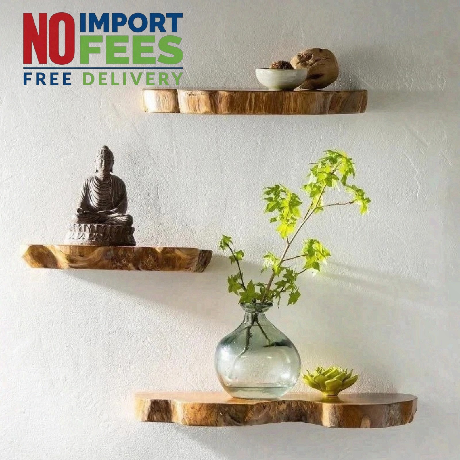 Set of 3 Live Edge Teak Floating Shelves Reclaimed Wood Wall Decor Handmade