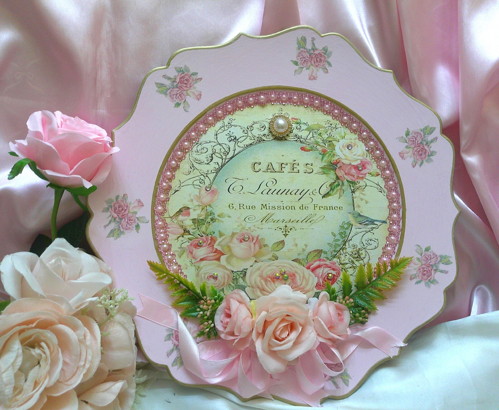 Shabby Chic Victorian~Lg Charger Plate w/French Inspired Graphic~PINK~Roses~OOAK