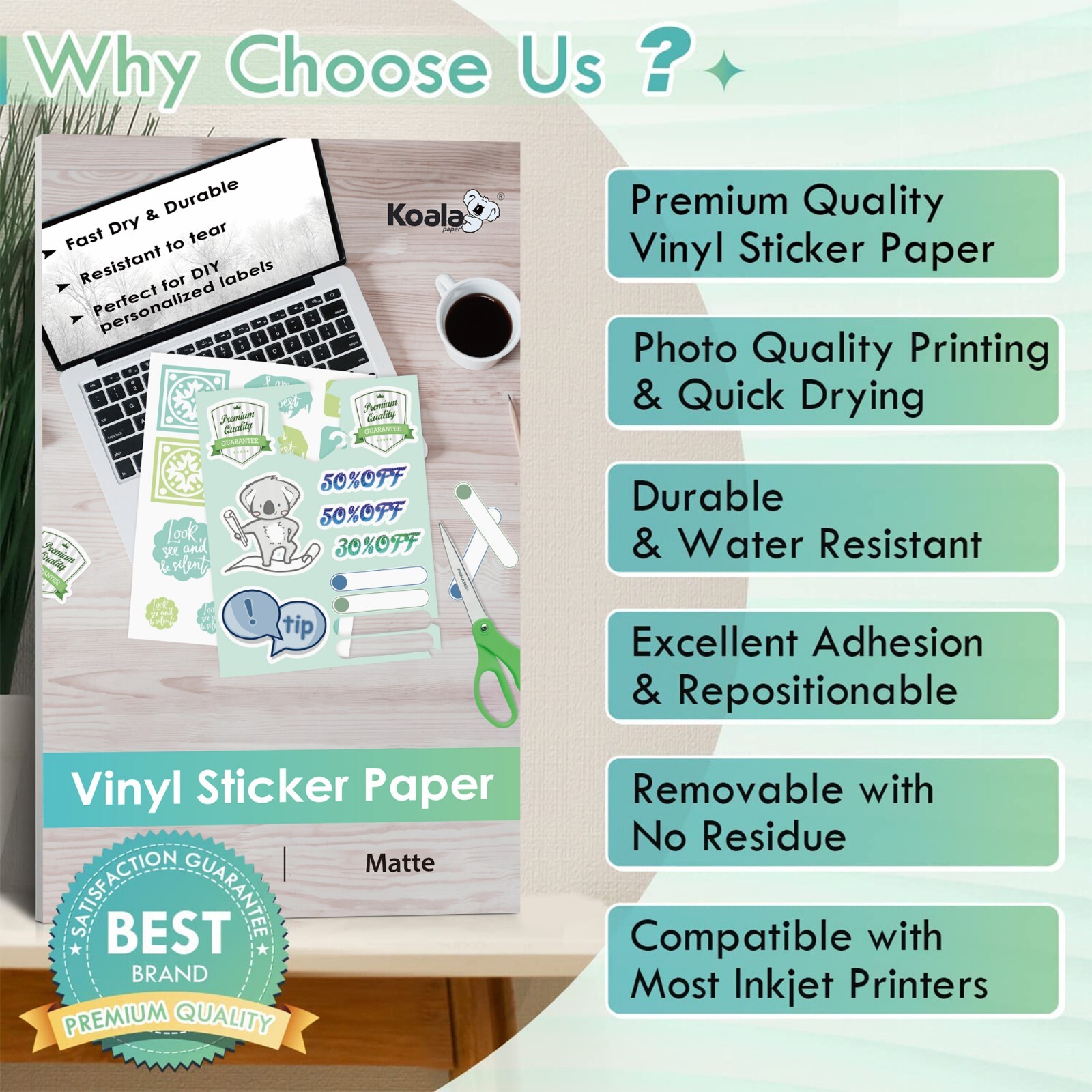 Koala Printable Vinyl Sticker Paper for Inkjet Laser 60PK 8.5×14 Waterproof Matt