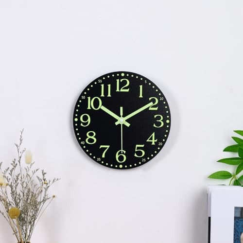Wooden Glow in The Dark Clock, 8 inch Silent Non-Ticking Battery 8 INCH Black