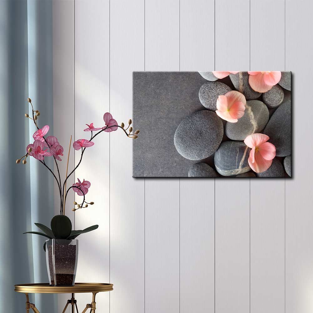 Wall26 – Peach Colored Flower on Smooth Zen Stones – Canvas Art – 24×36 inches