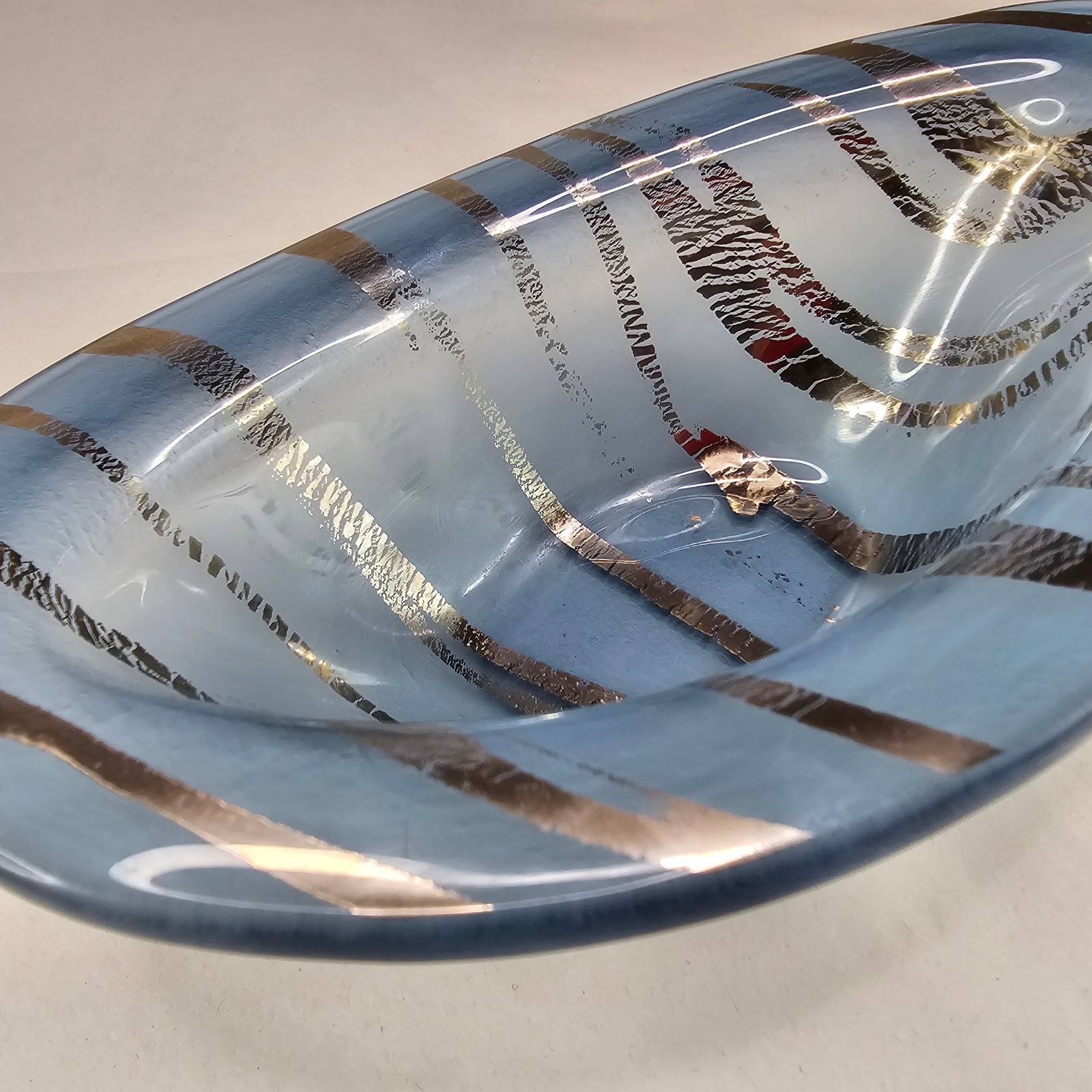 Mid Century Modern Frosted Gold Blue Swirl Glass Bowl Dish Decorative Accent