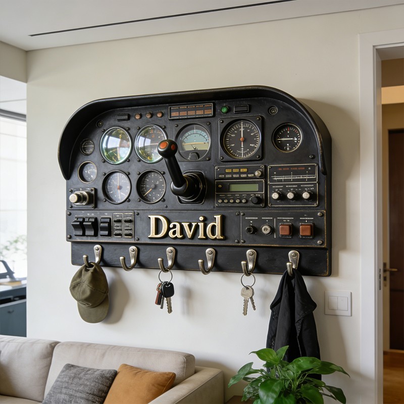 2D Airplane Cockpit Key Holder 3D Effect, Custom Name Hook Rack