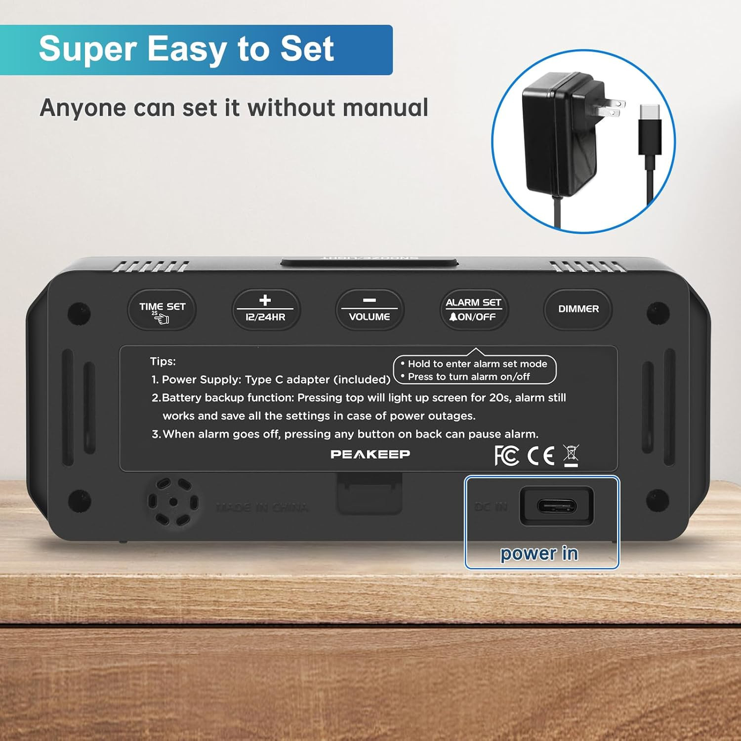 Small Digital Alarm Clock Plug In LED Large Display Dimmer Volume Backup Blue