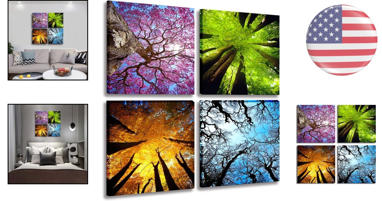 Elegant 4-Panel Four Seasons Tree Canvas Art – Nature Wall Decor 12x12in