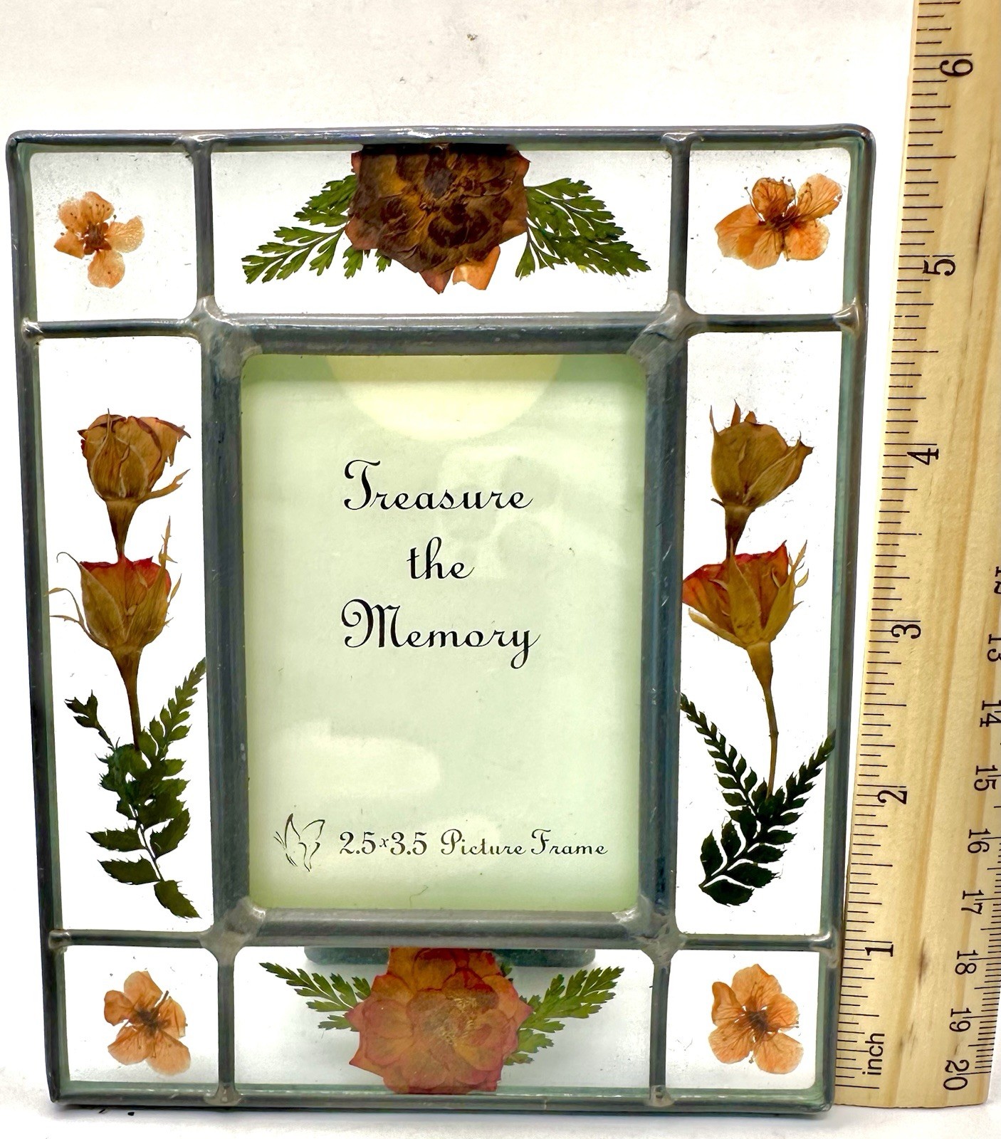 Vintage Pressed Flower Leaded Glass Picture Frame 2.5 in by 3.5 in (Wallet Size)