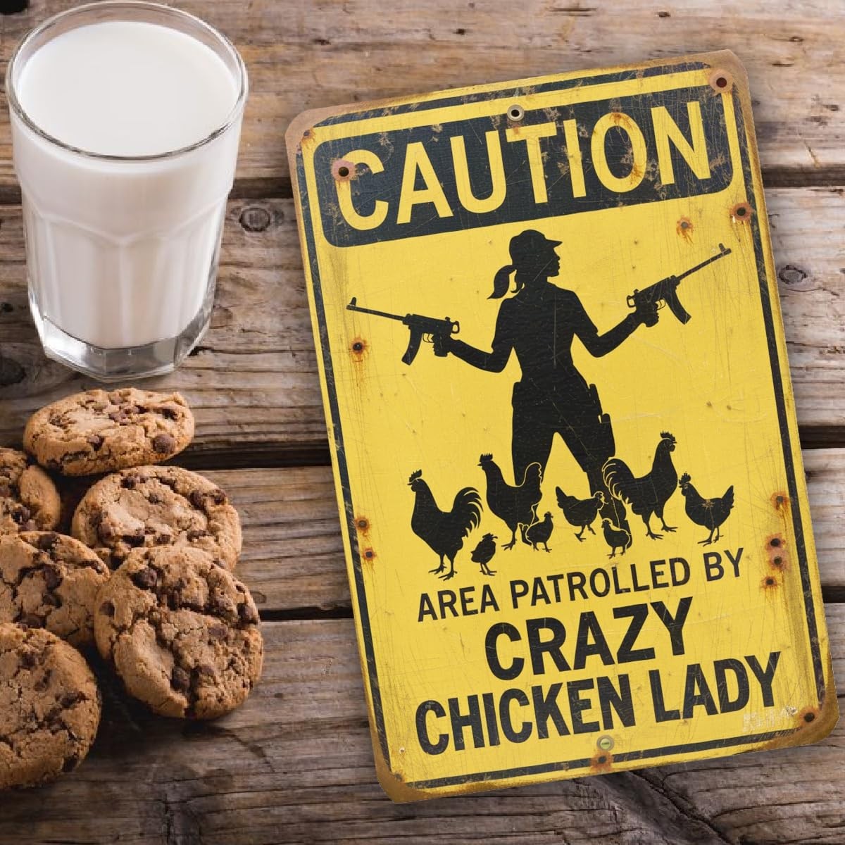 Crazy Chicken Lady Sign 8×12 Funny Farm Warning Metal Wall Decor