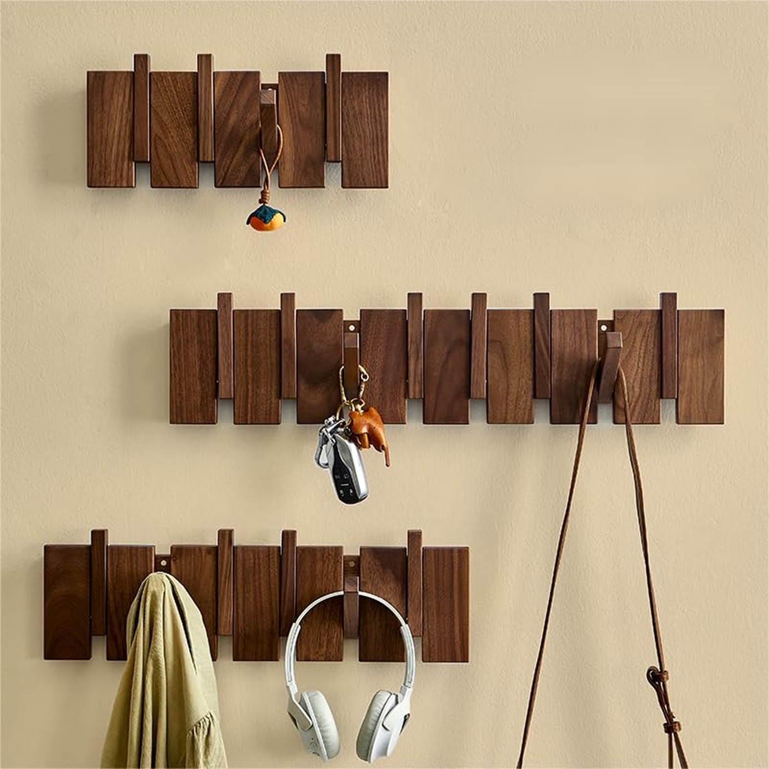 Wood Wall Mounted Coat Rack, Flip Down Wall-Mount Hook Racks with 6 Hooks, En…