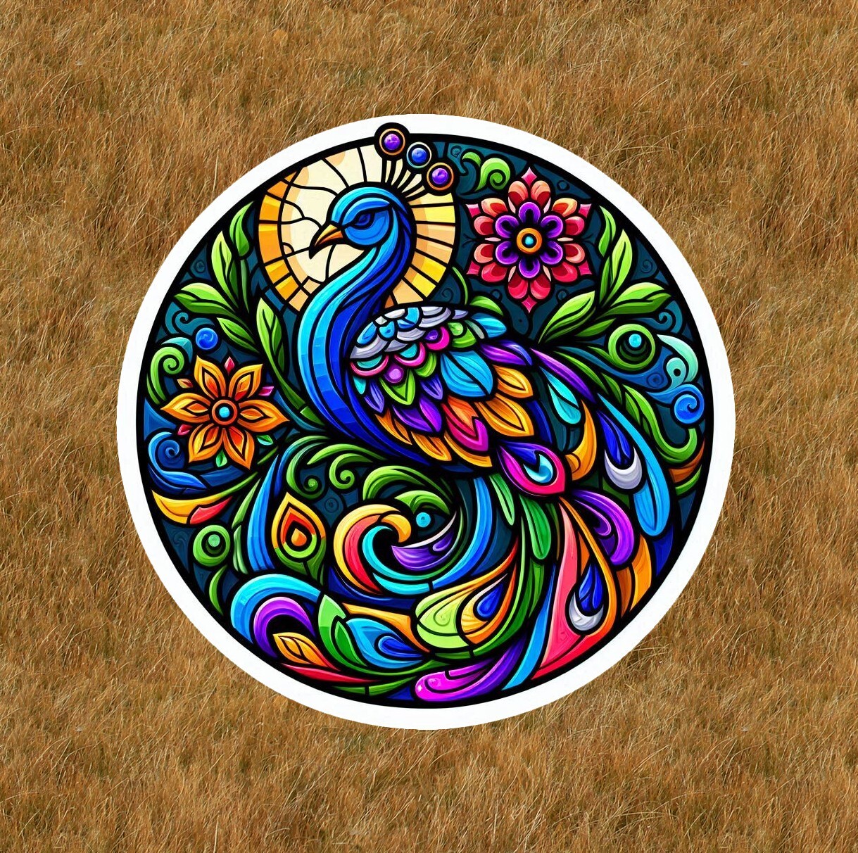 Beautiful peacock in a stained glass design sticker decal – many sizes available