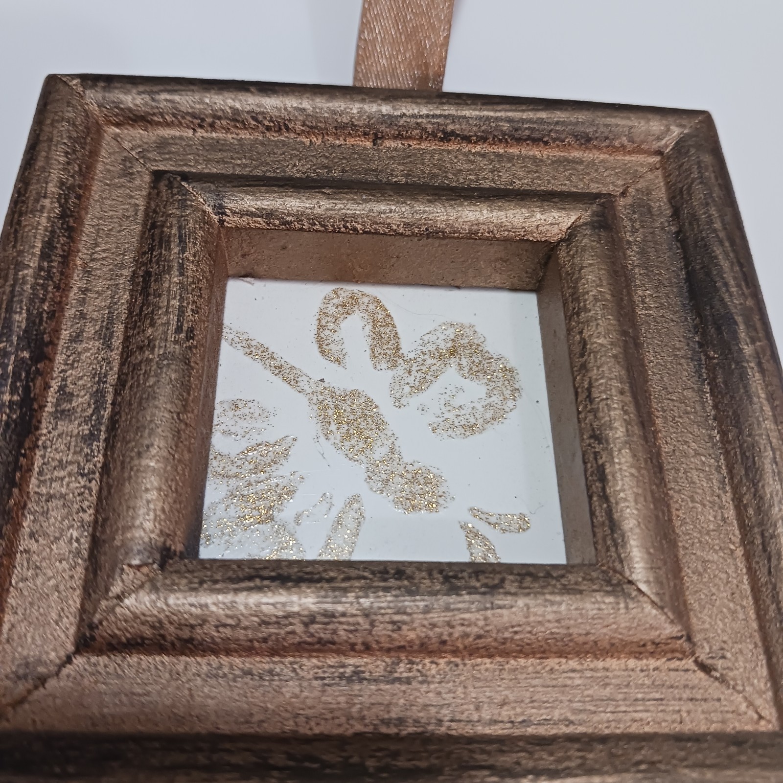 Set of 2 Distressed Gold/Brown Wood Square Photo Frames 1.5×1.5 Easel Ribbon
