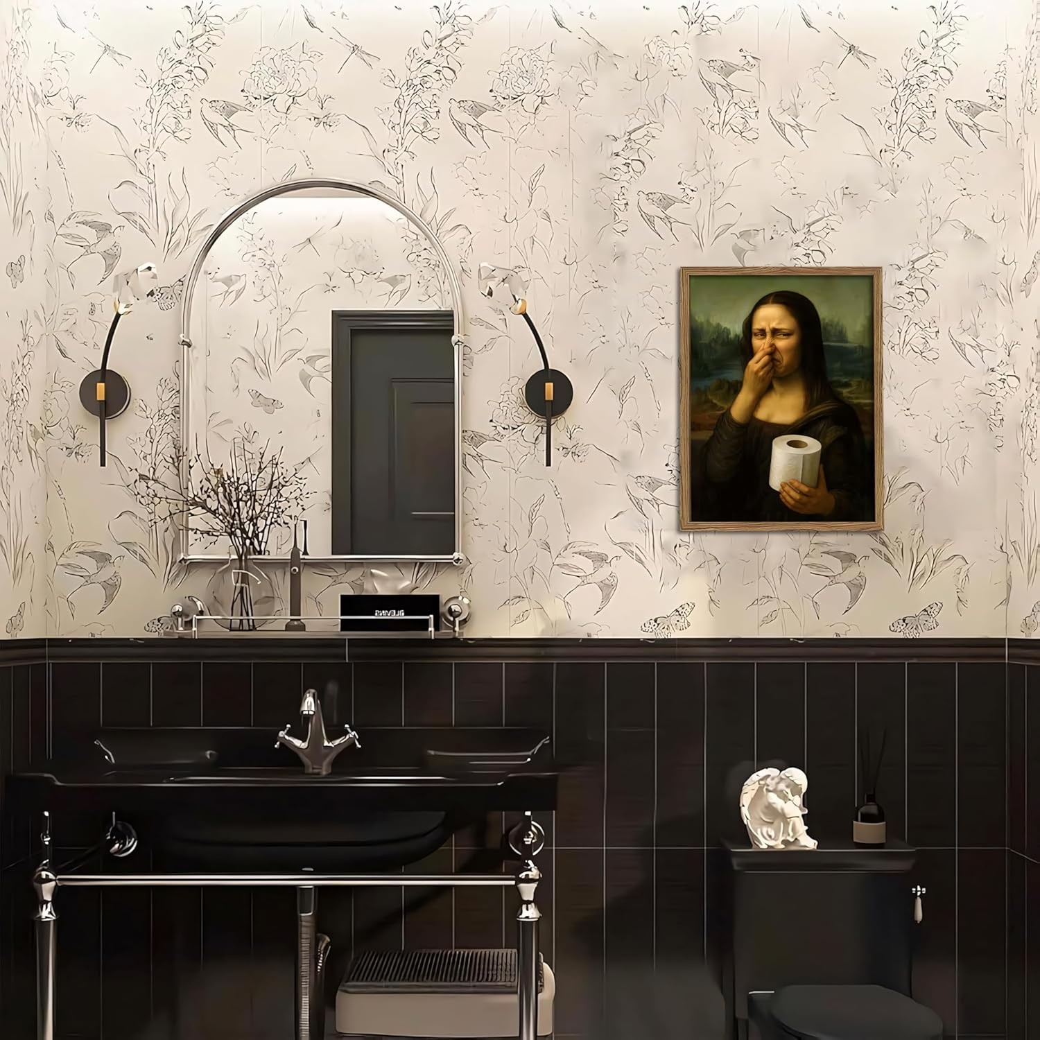Funny Mona Lisa Pinch My Nose Museum Print Wall Art Canvas Bathroom Decor Framed