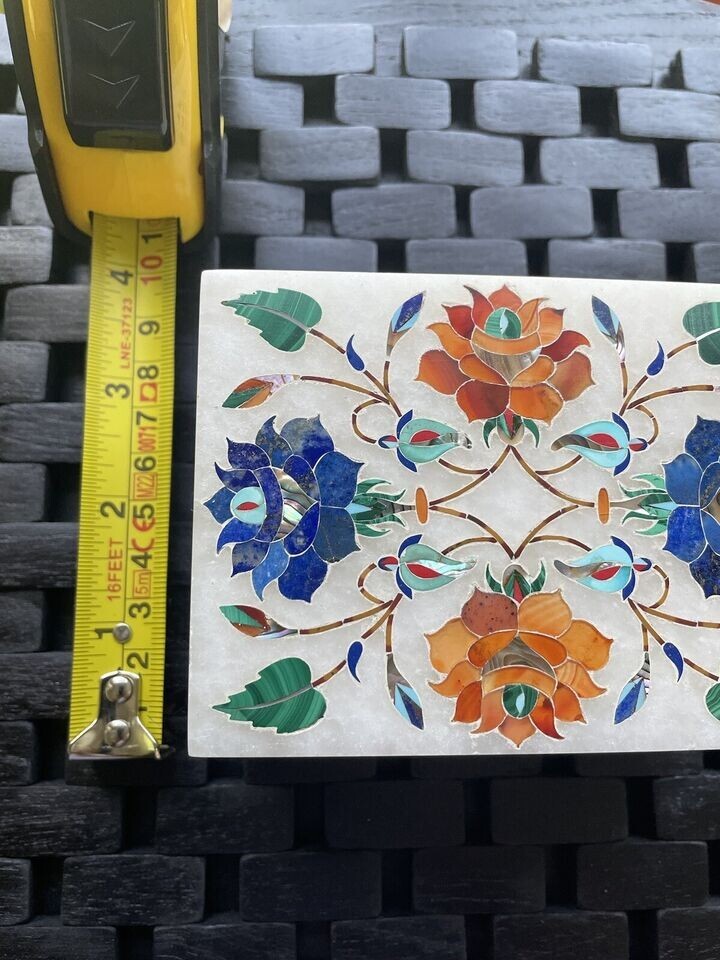 White Marble Trinket Box Semi Precious Stones Inlay Floral Design 5×4 inches