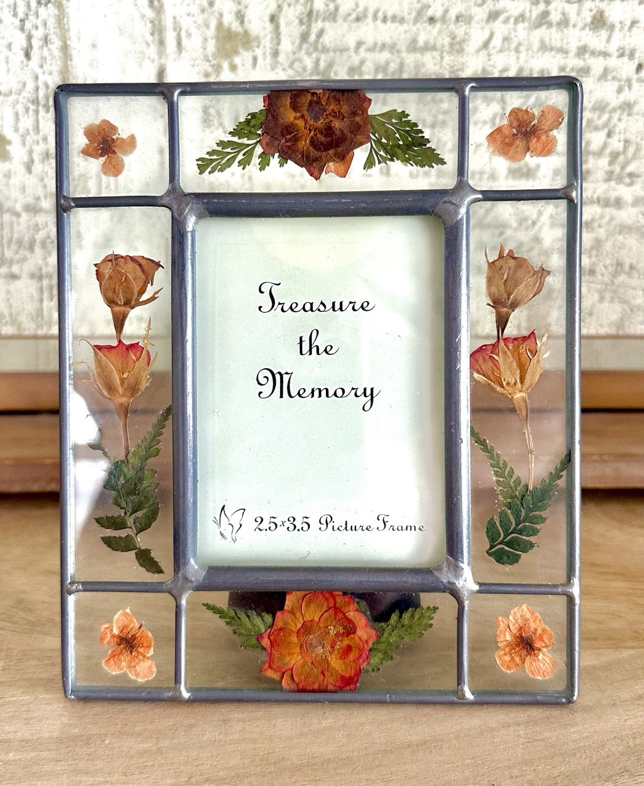 Vintage Pressed Flower Leaded Glass Picture Frame 2.5 in by 3.5 in (Wallet Size)