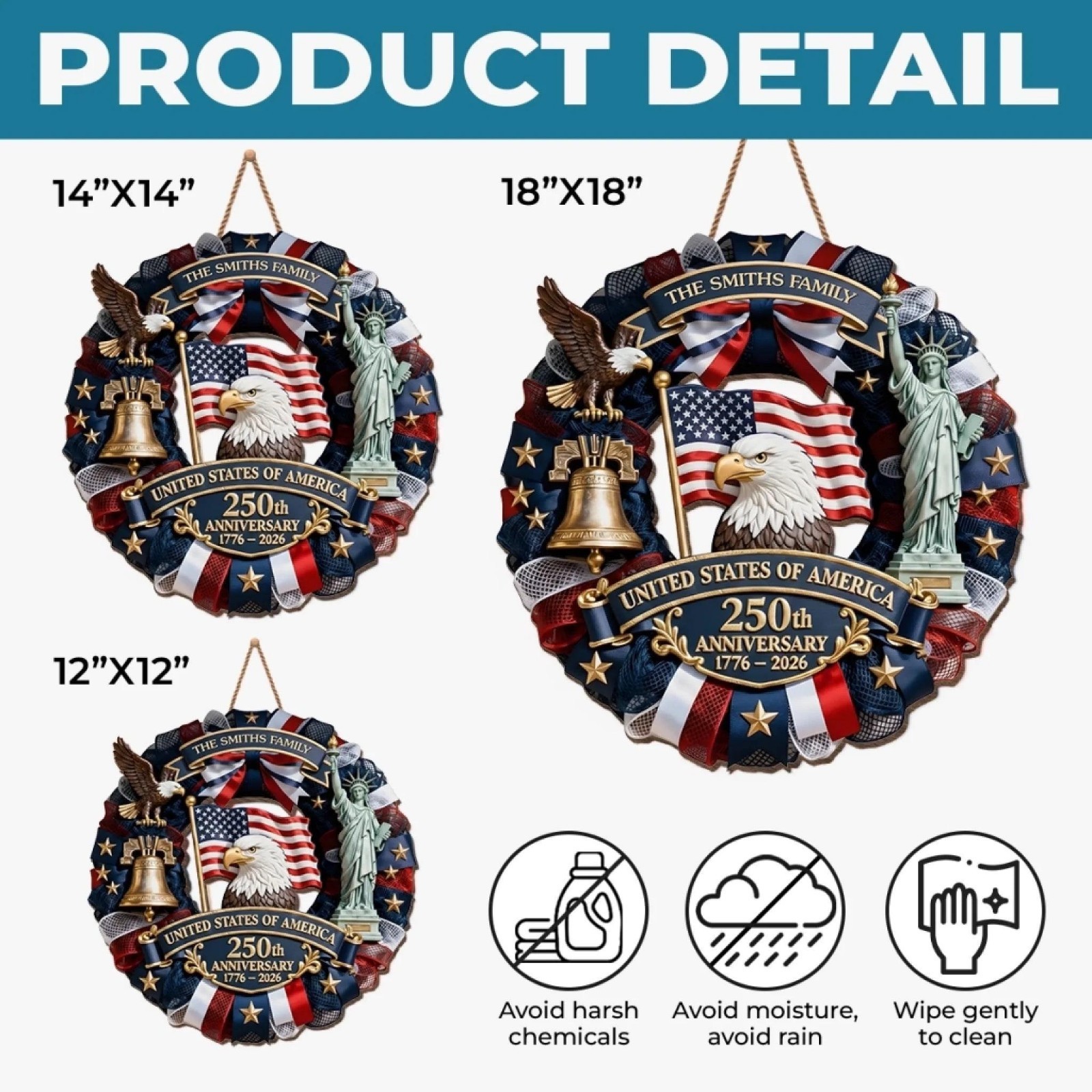 Personalized America 250th Anniversary Wood Wreath, Patriotic Door Sign,