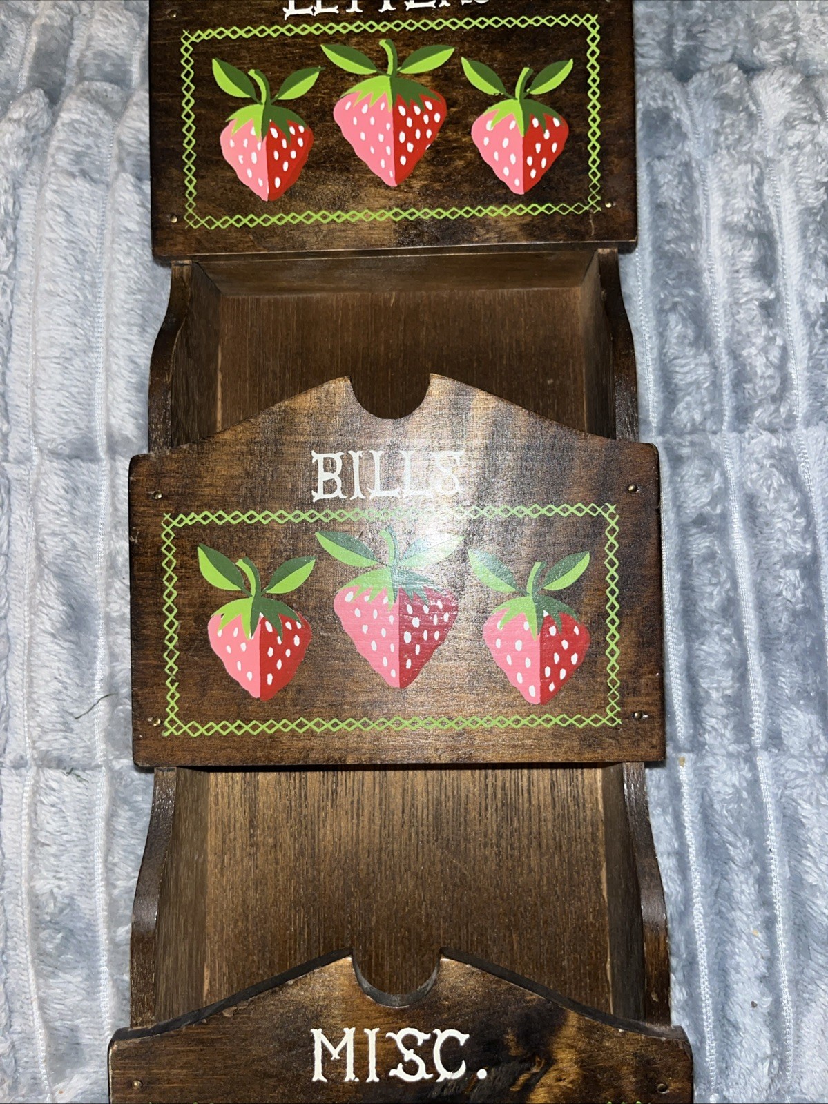 Vintage 80s Goodwood Wooden Strawberry Mail Organizer Key Holder Wall 3 Tie