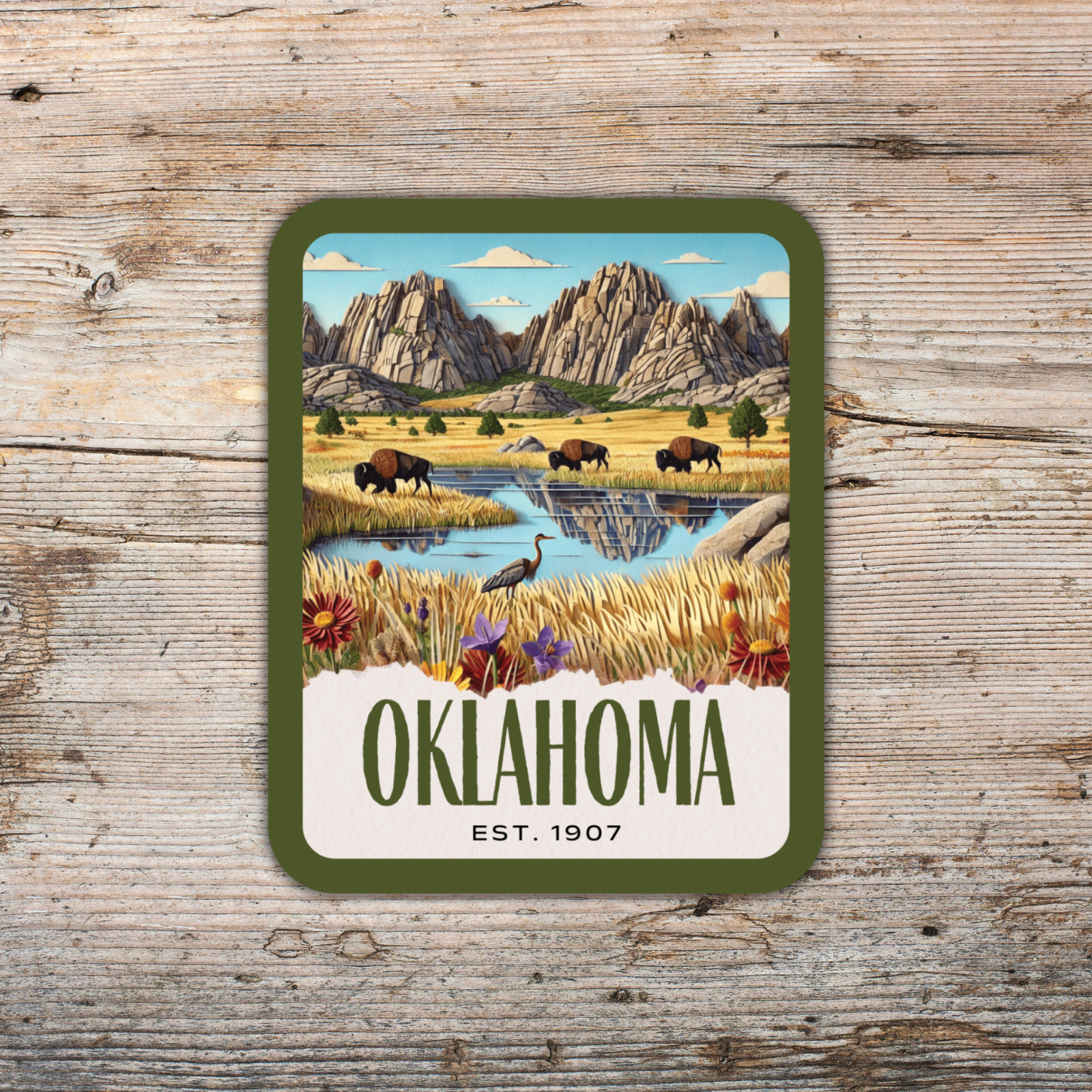 Oklahoma State Sticker, Paper Collage Look, Wichita Mountains Vinyl Decal