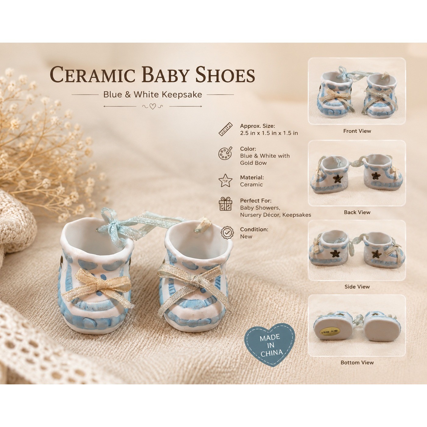 Ceramic Baby Shoe Keepsakes Blue White Gold Bow Nursery Decor Gift 2.5in