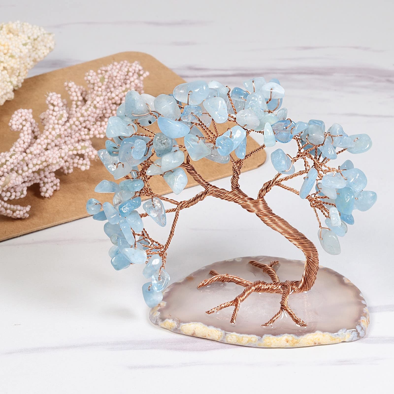 Aquamarine Crystal Money Tree Feng Shui Bonsai with Natural Agate Slice Base