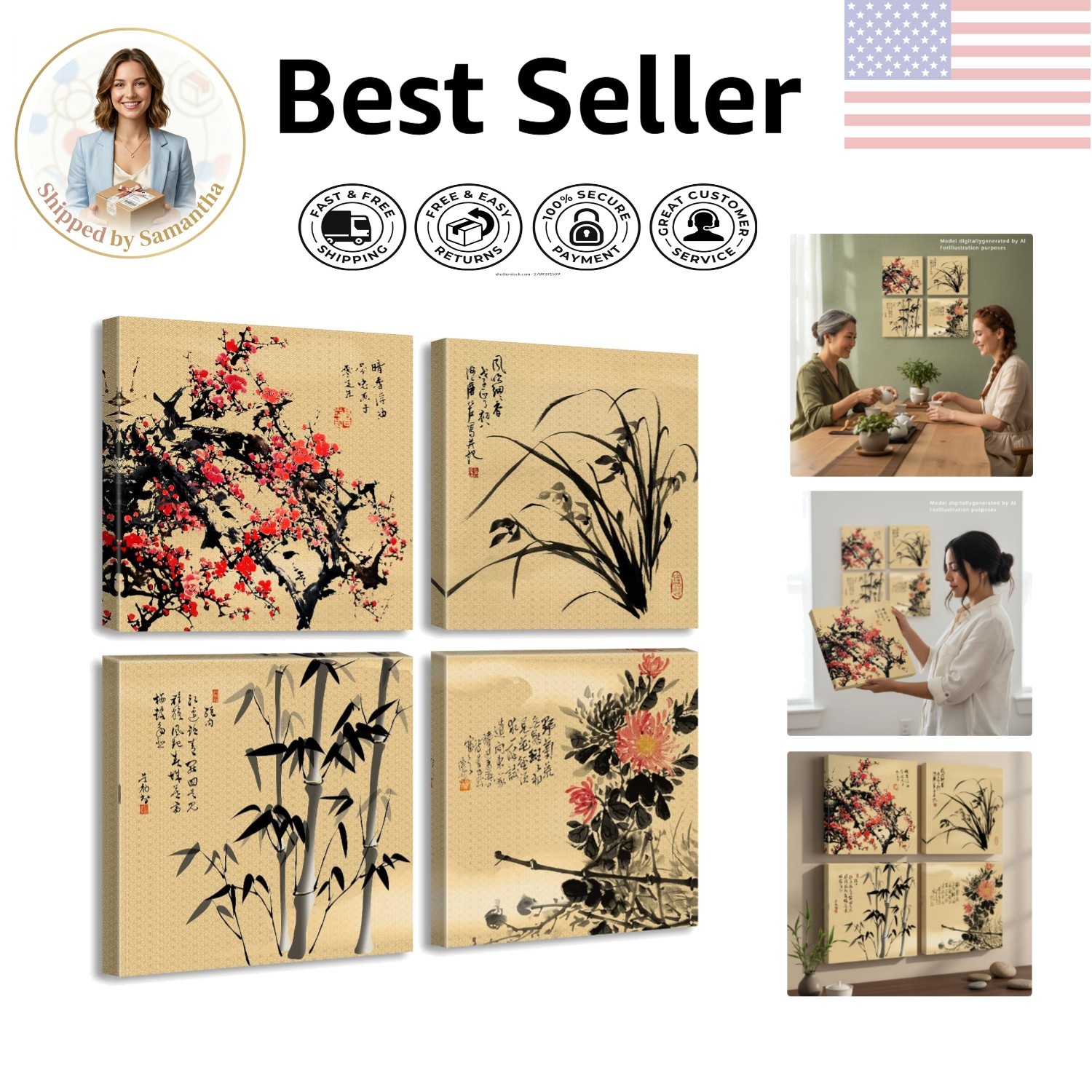 Serene 4-Panel Canvas Art Set – Plum Blossom & Bamboo, 12” Framed Prints