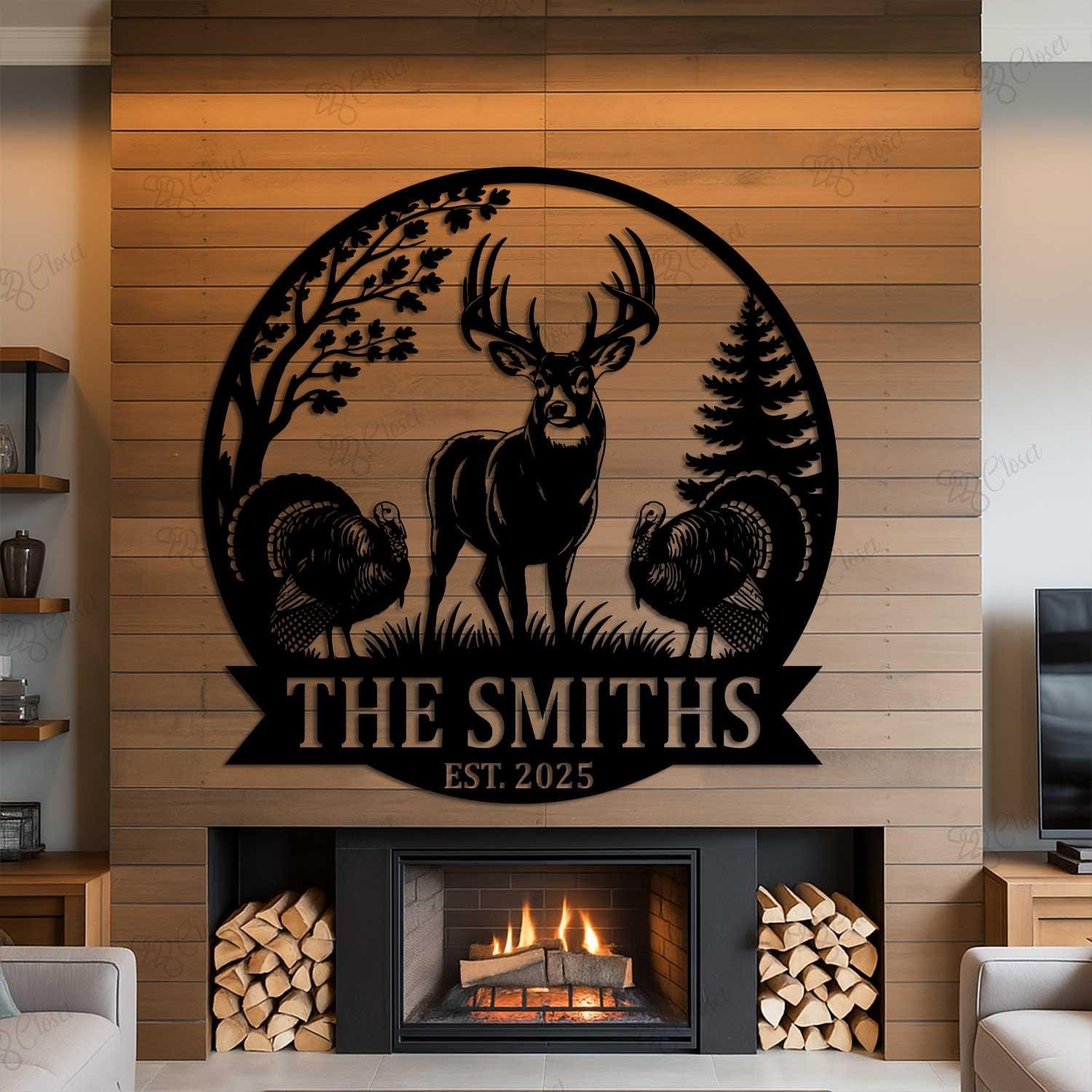 Custom Deer Forest Metal Sign, Personalized Name Hunting Cabin Lodge Decor Gift