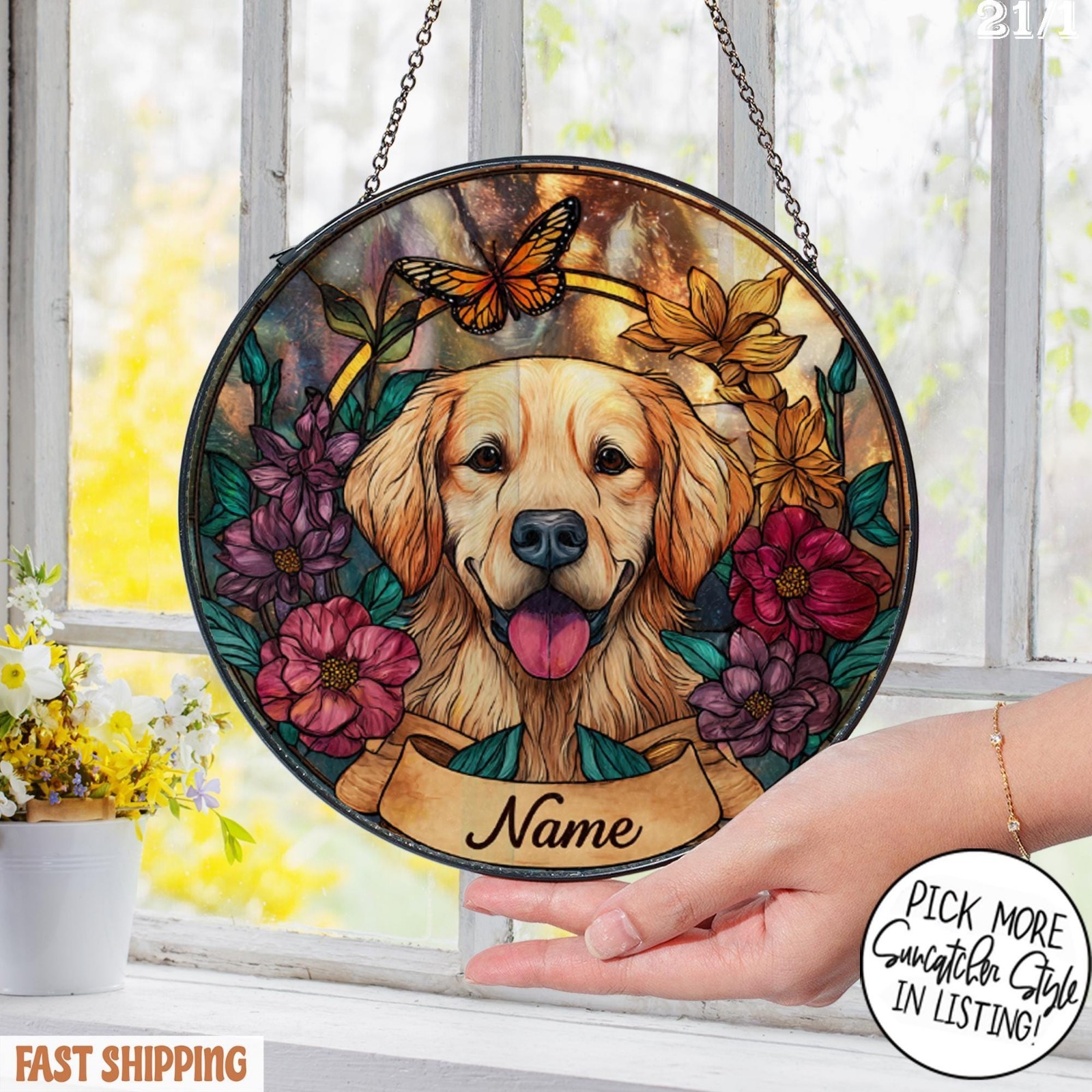 Personalized Dog Portrait Glass Suncatcher, Custom Pet Memorial Stained Glass