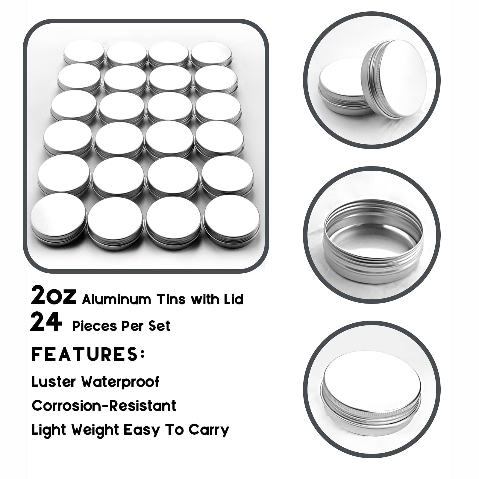 2 oz/60ml 24 Pack Aluminum Balm Tins For Pill Storage, Jar 2oz, Silver/White