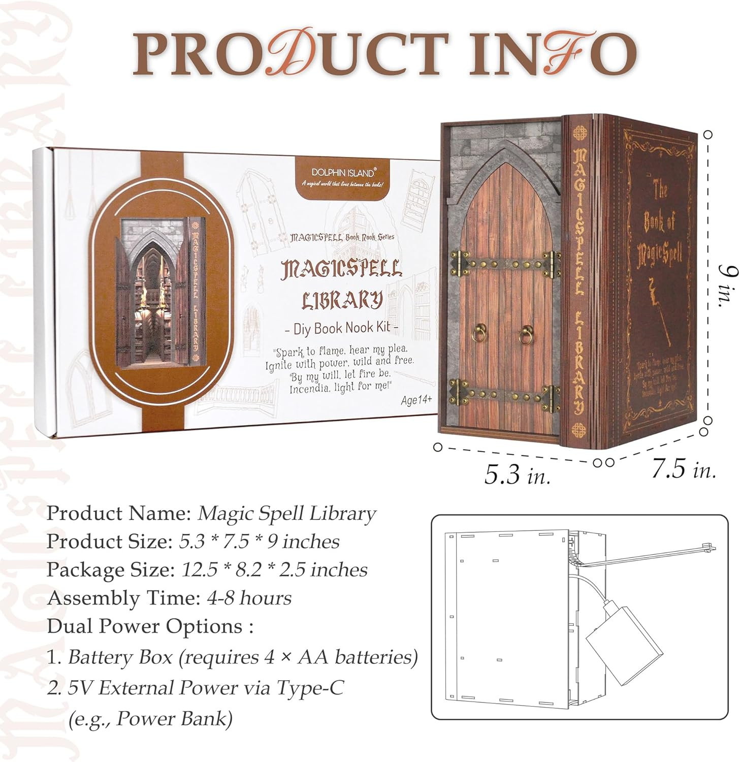 DIY Book Nook Kit for Adults, Infinite Magicspell Library Booknook with Flame Il