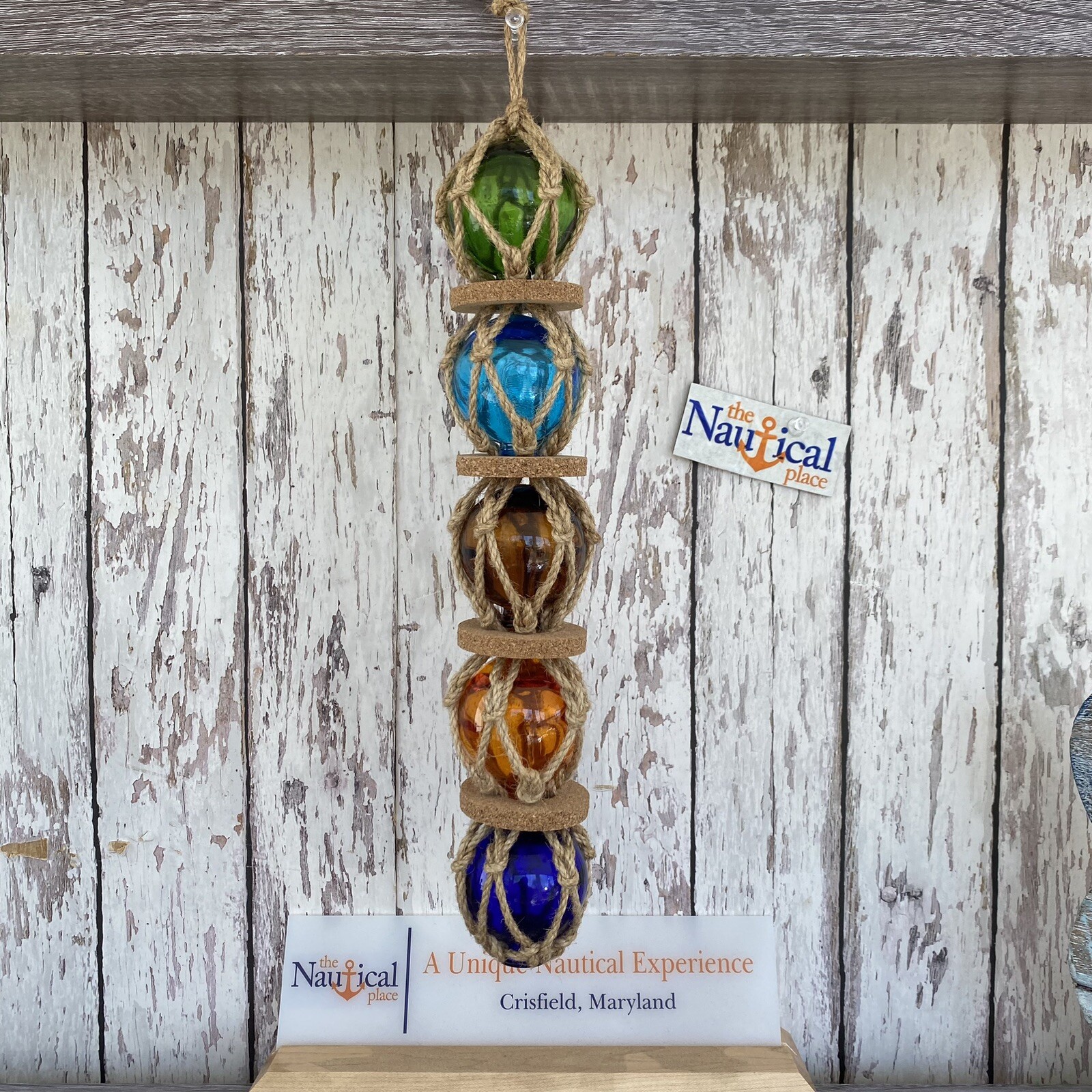 Glass Fishing Floats On Jute Rope – Red, Blue, Aqua, Green – Nautical Wall Decor