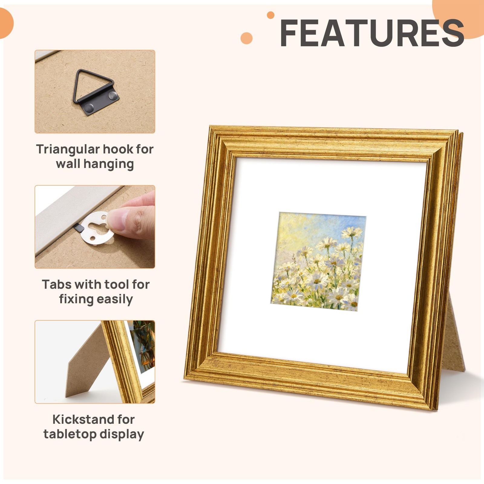 Vintage 8×8 Picture Frames, Antique Gold Frames Display 4×4 with Mat or 8 x 8…