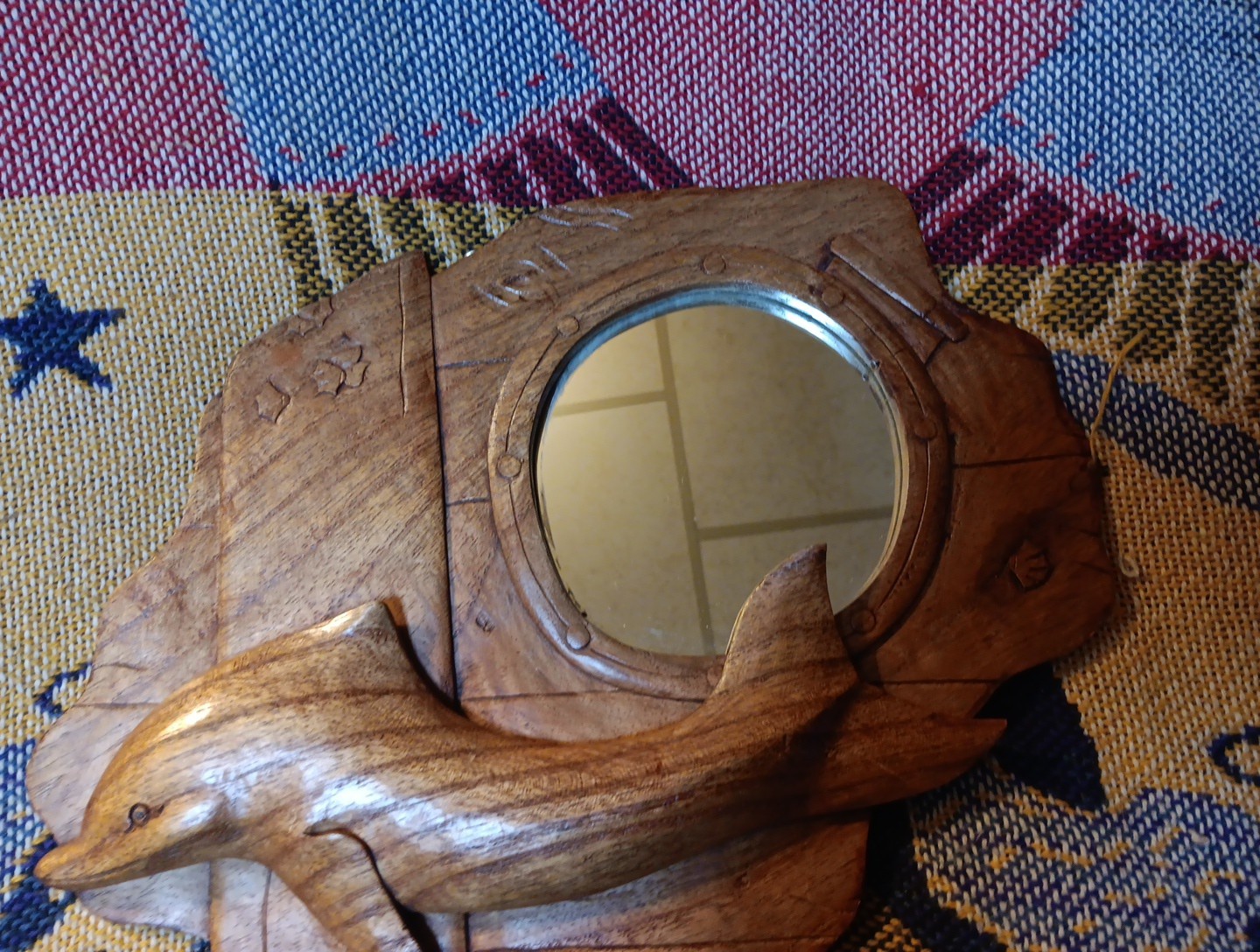 Vintage Folk Art Wood Dolphin Mirror Fun Ocean Salt Life Decor Sculpture Carving