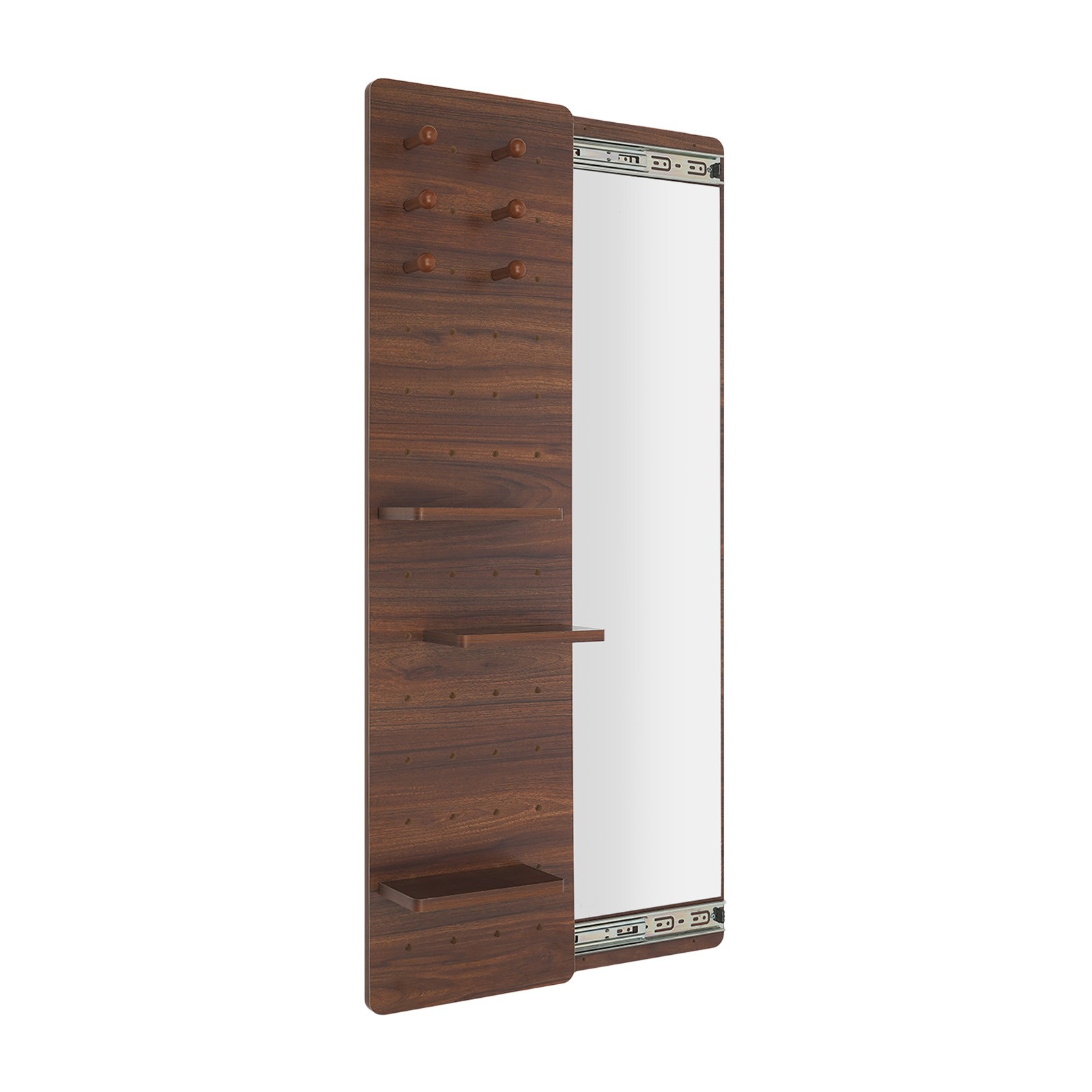 Wall-Mounted Full-Length Mirror with Pegboard, 3 Shelves & 6 Hooks Walnut