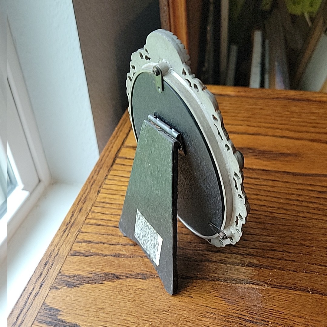 Photo Frame Silver Pewter Oval Faux Turquoise Open Work Standup Easel Rope SW