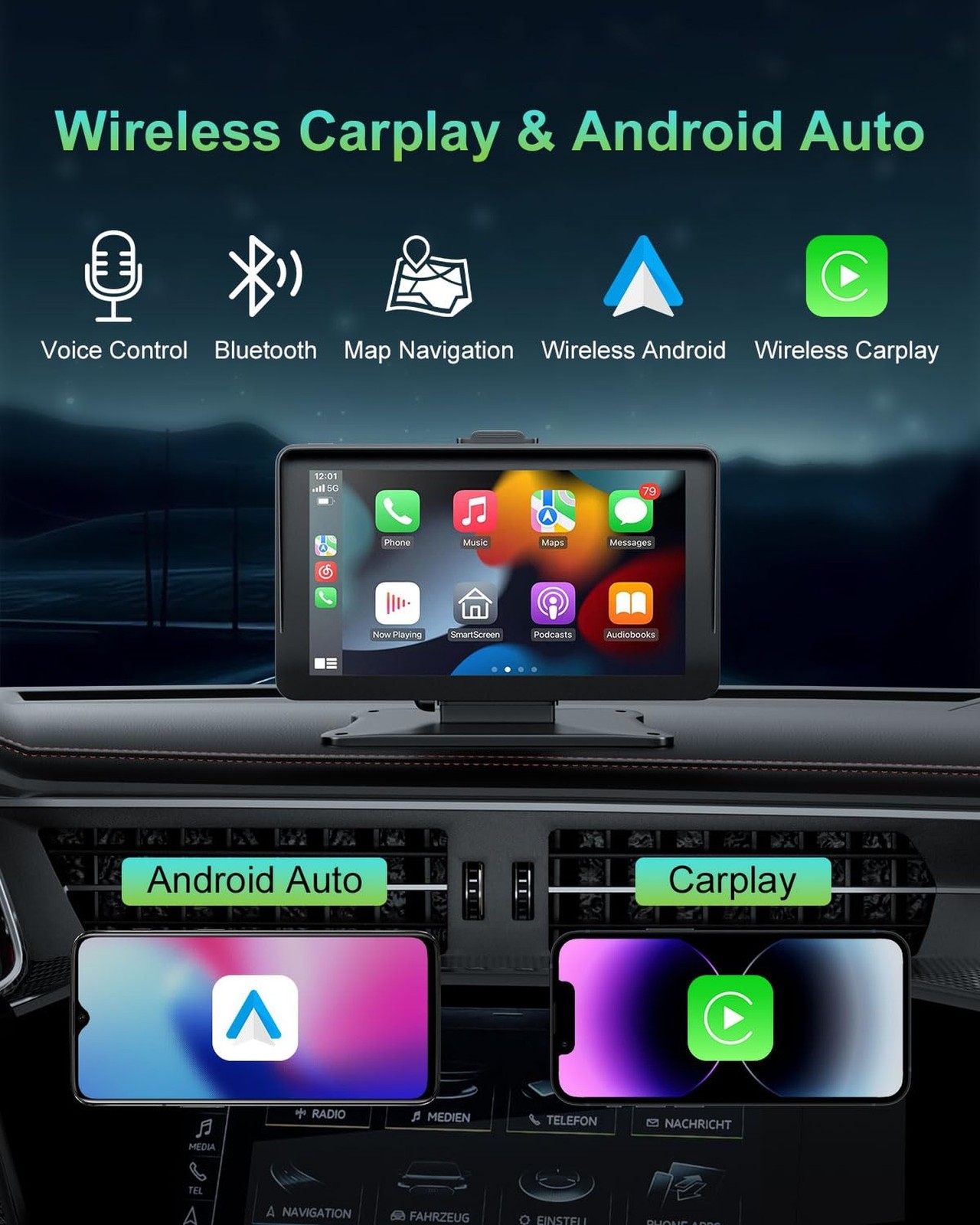 Apple Carplay Screen for Car, 7″ HD Portable Wireless Apple Carplay & Android…