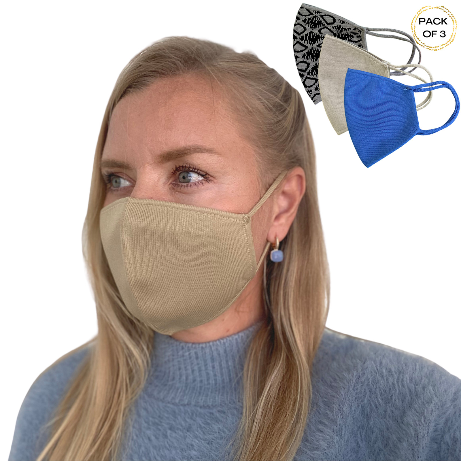 Set of 3 solid knitted Face Mask two layers reusable washable bandanas