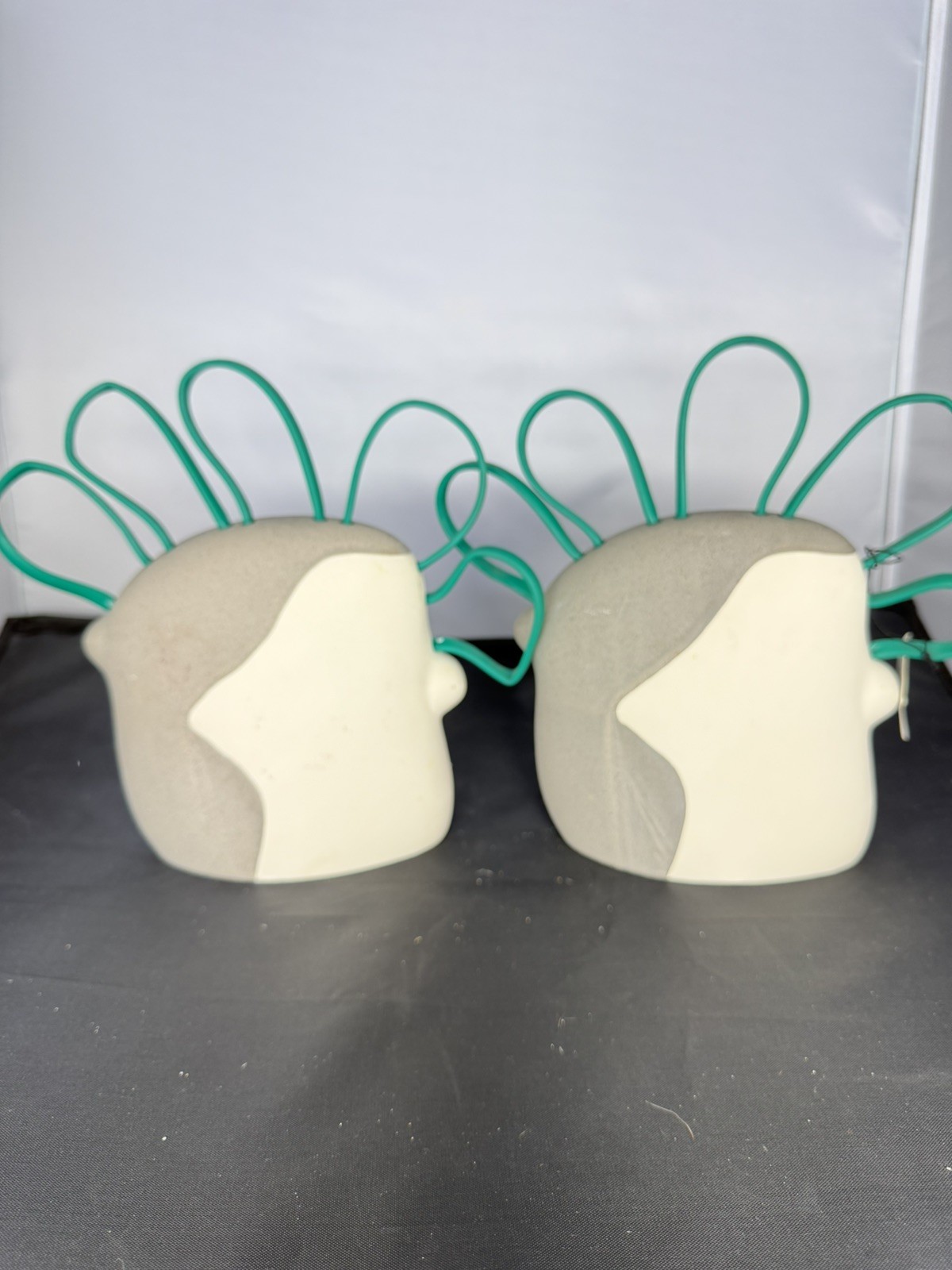 Modern Abstract Face Aquatic Decor Ceramic Two-Tone Grey White Teal Wire Accent