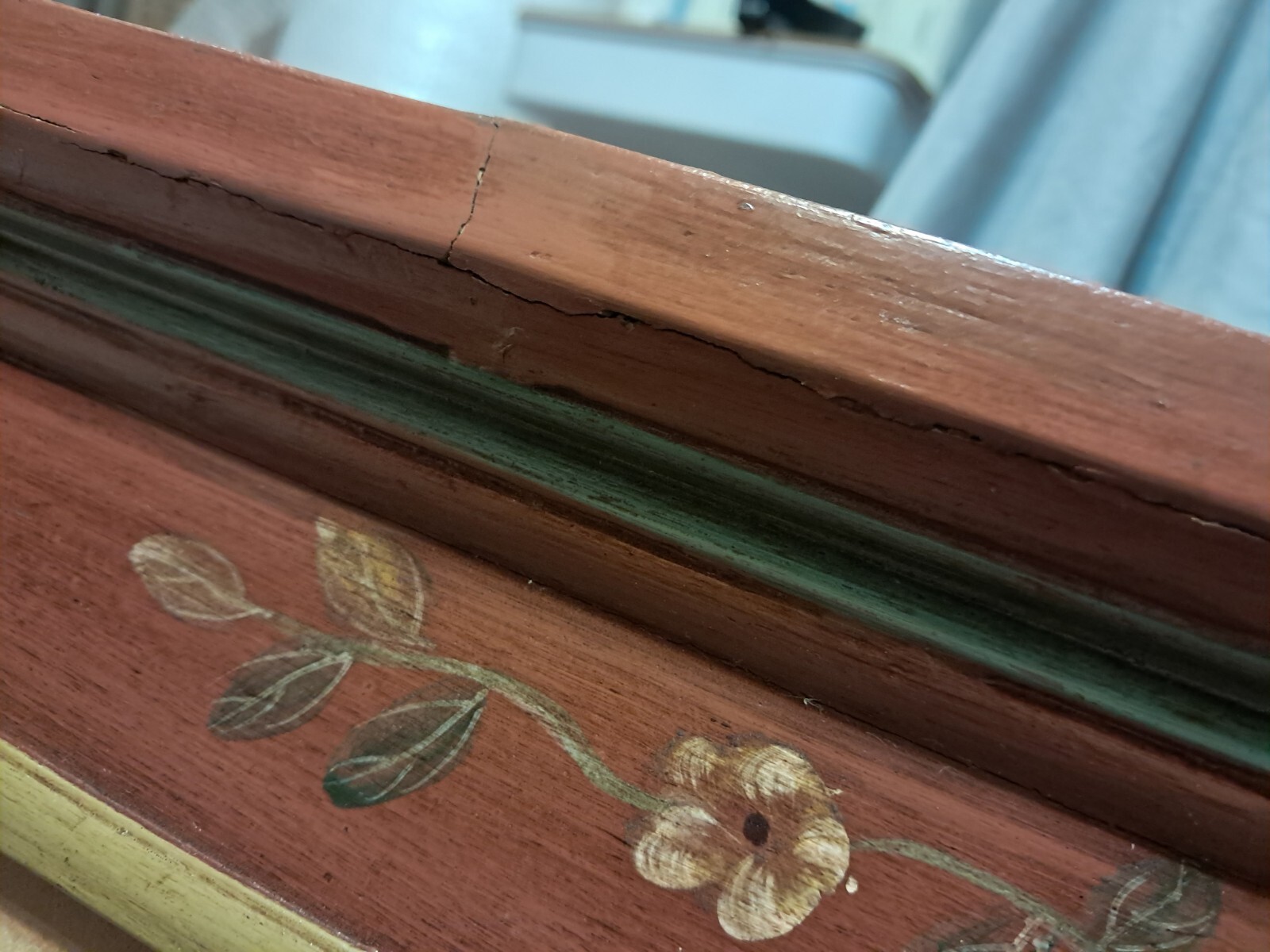 Vintage floral shaker board with coat hooks, wood, green accents