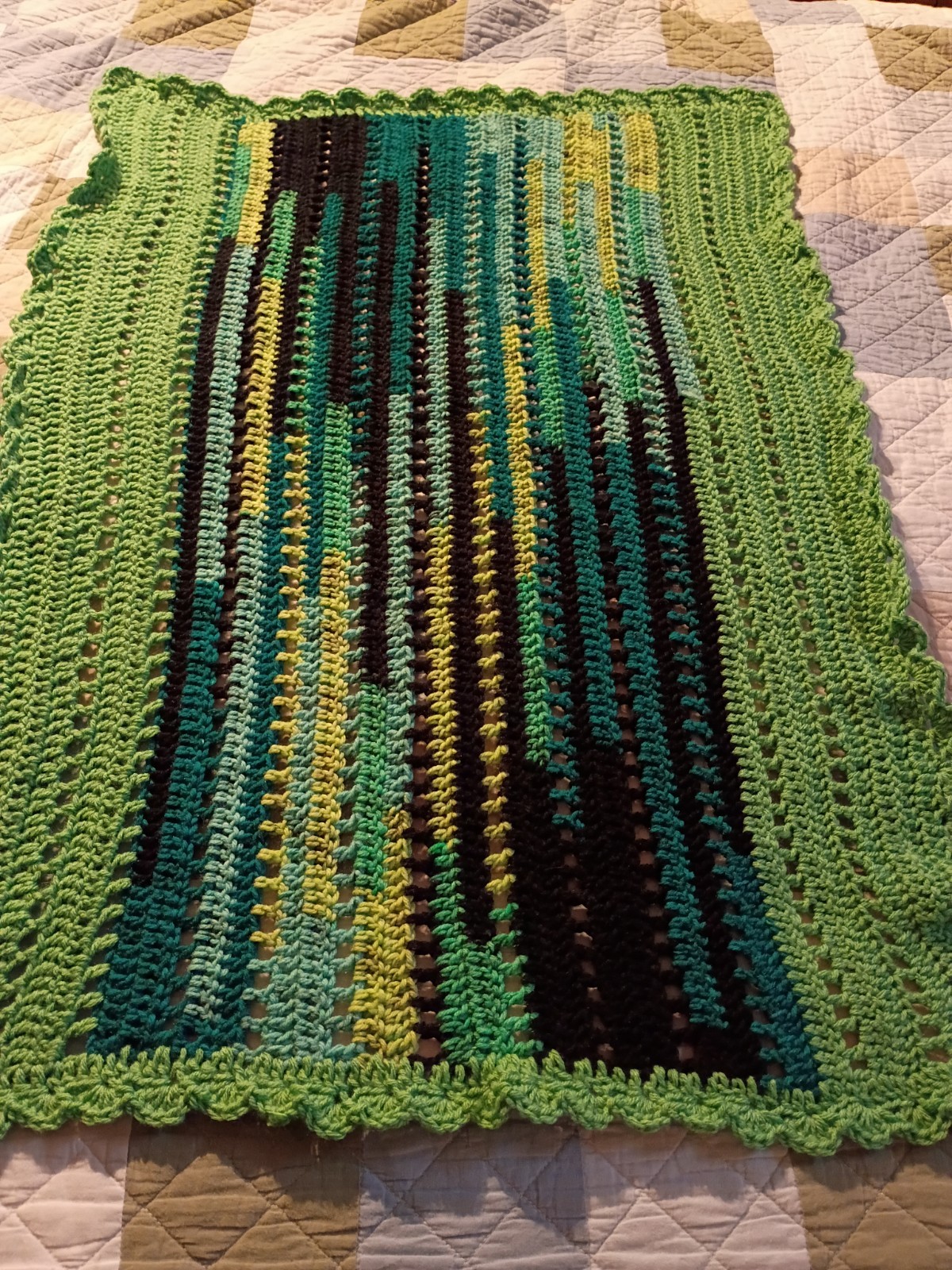 Handmade Crochet Striped Green Yellow Black lap Blanket Bordered