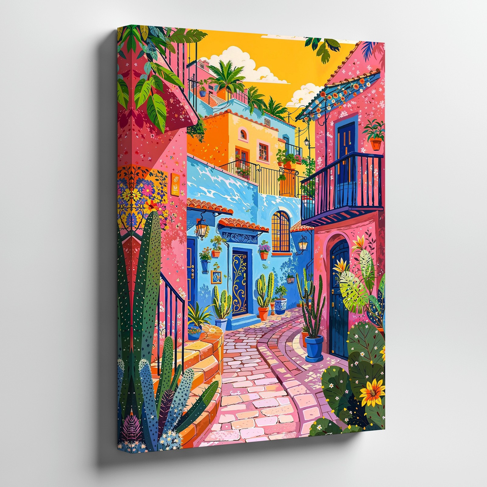 Colorful Mediterranean Street Scene Canvas Wall Art Vibrant Village Print Home