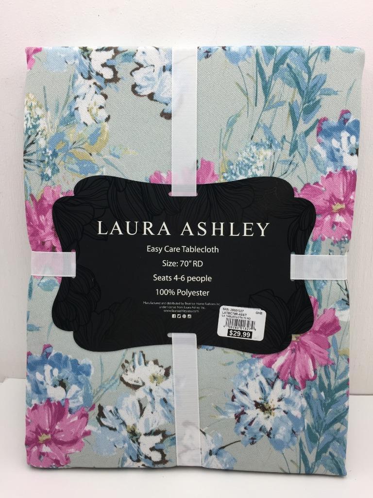 LAURA ASHLEY Blue Floral Tablecloth Size 70-inch Easy Care 100% Polyester