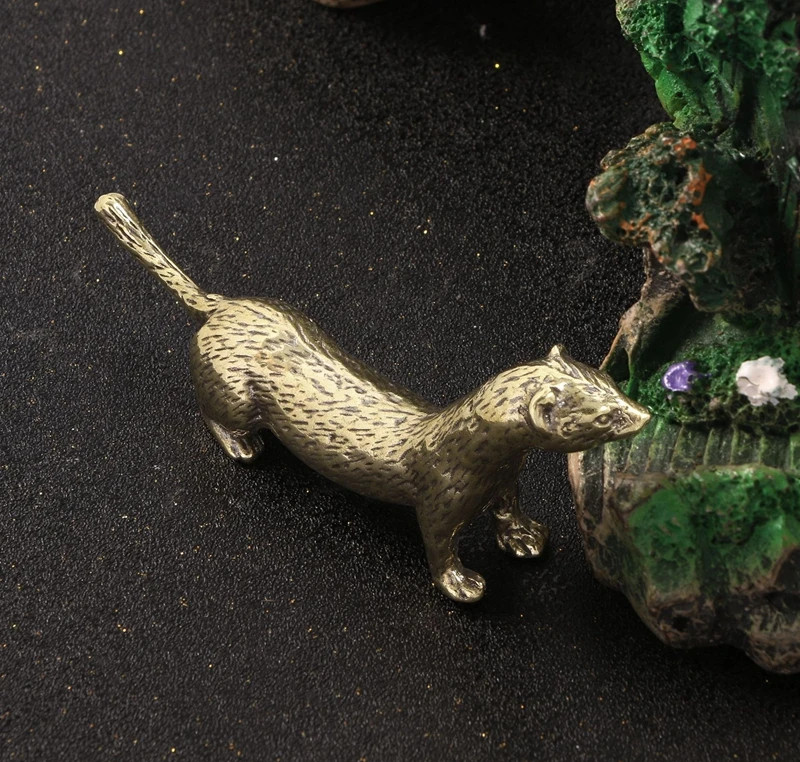 Brass Weasel Animal Statue Small Sculpture Tabletop Figurine Home Decor Gifts