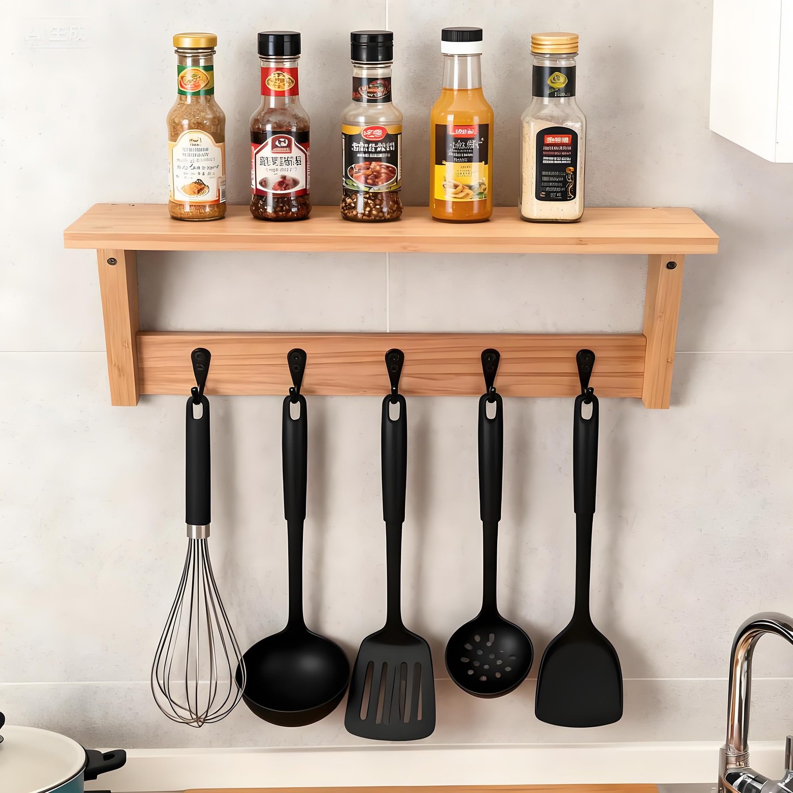 Wooden Wall Shelf with Hooks Heavy Duty Coat Rack Organizer for Entryway